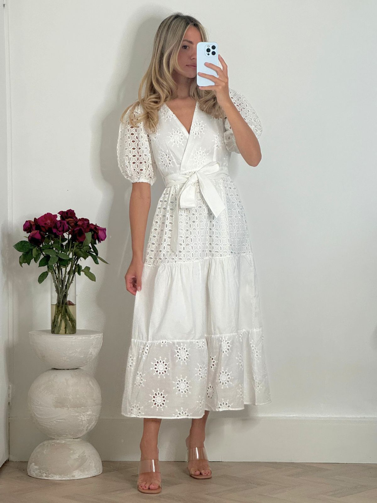 Broderie Anglaise Midi Dress | Claudia Puff Sleeve Dress in White