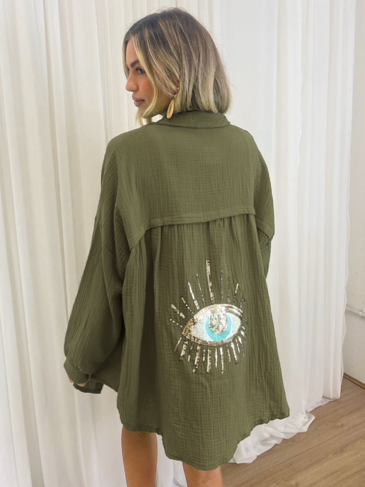 Khaki Beach Shirt | Cleo Eye Sequin Back Shirt