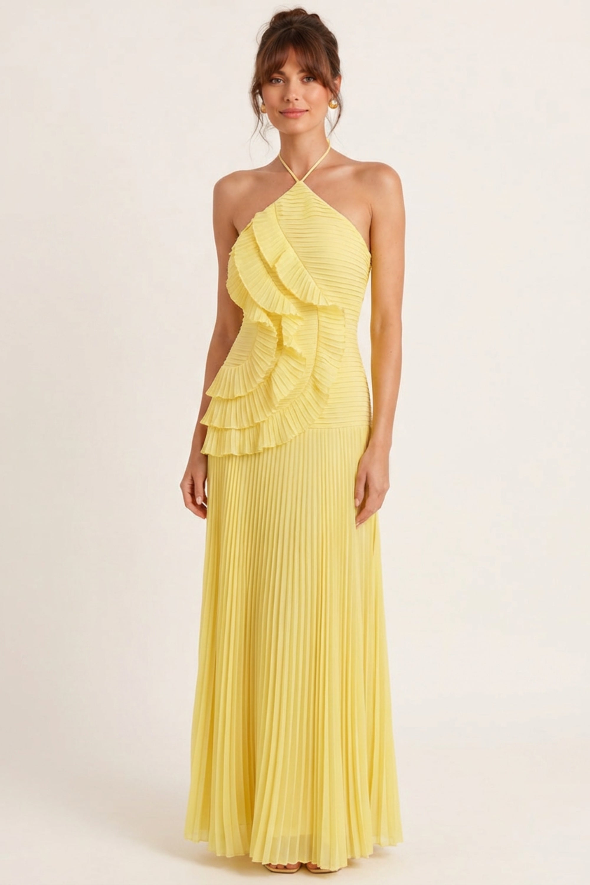Yellow Pleated Halter Maxi Dress