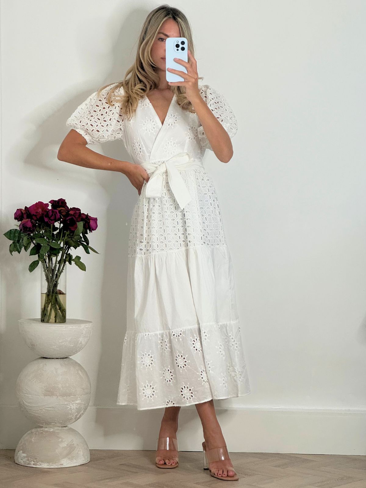 Broderie Anglaise Midi Dress | Claudia Puff Sleeve Dress in White