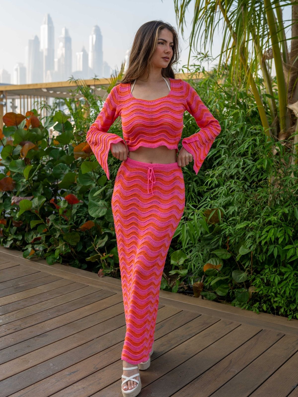 Lillie Knitted Maxi Beach Skirt / Orange & Pink