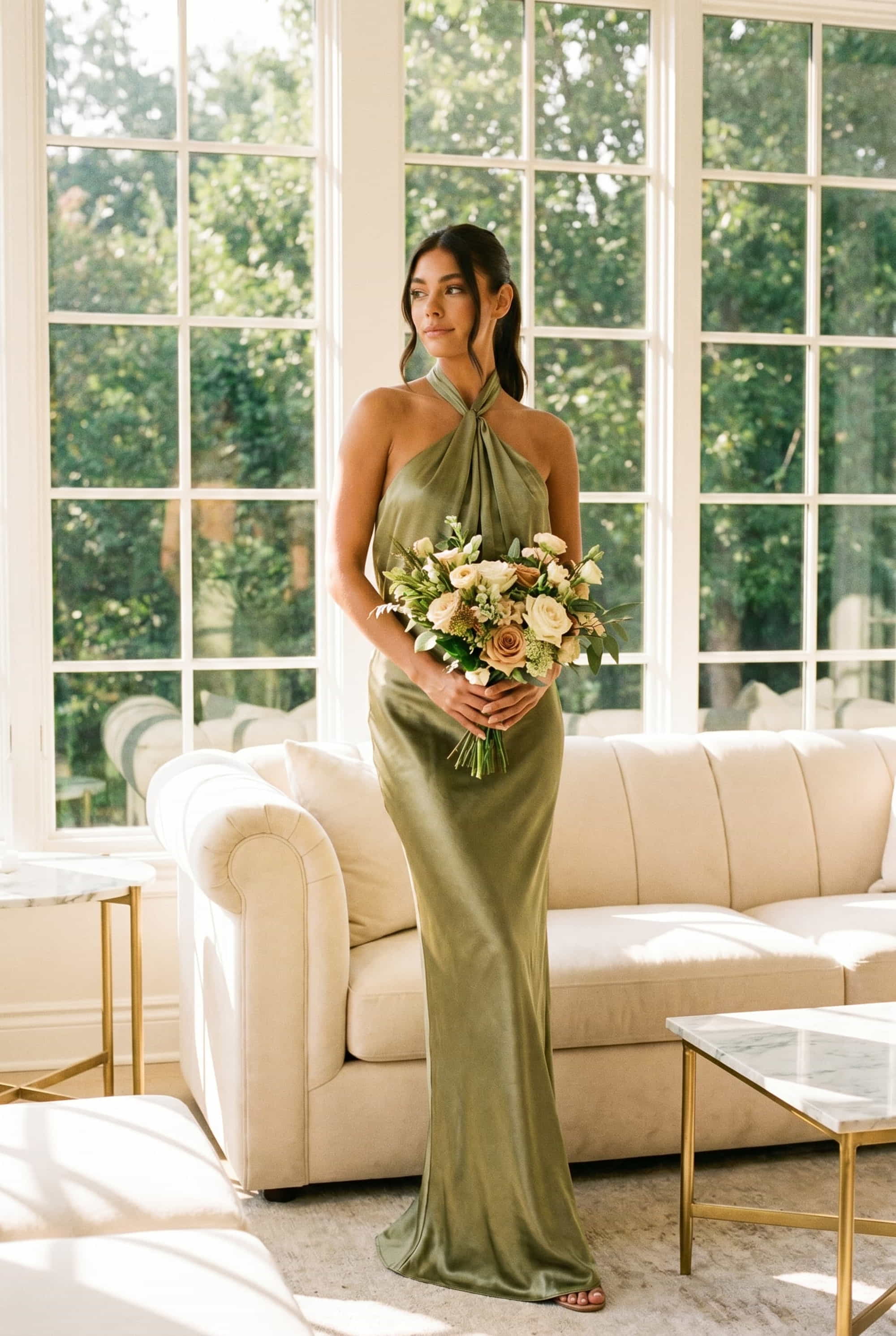 Twist Neck Satin Maxi Dress / Olive Green