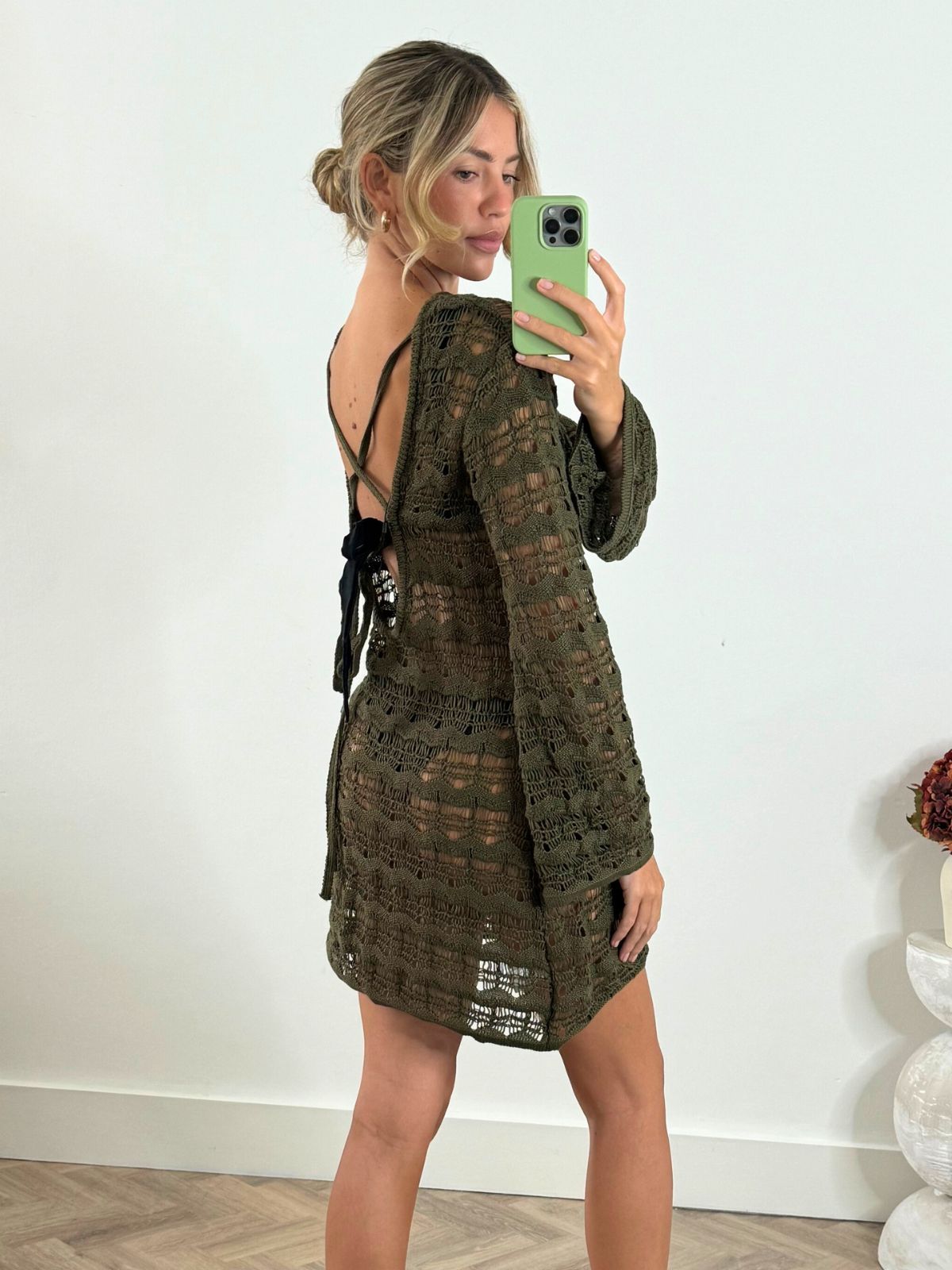 Crochet Beach Dress | Ocean Long Sleeve Mini Dress in Khaki