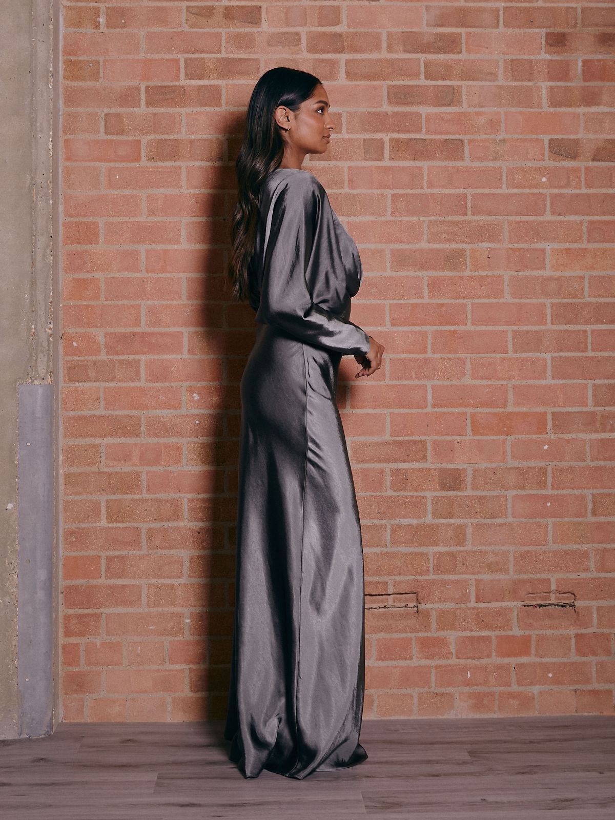 Kimono Long Sleeve Satin Maxi Dress / Slate Grey