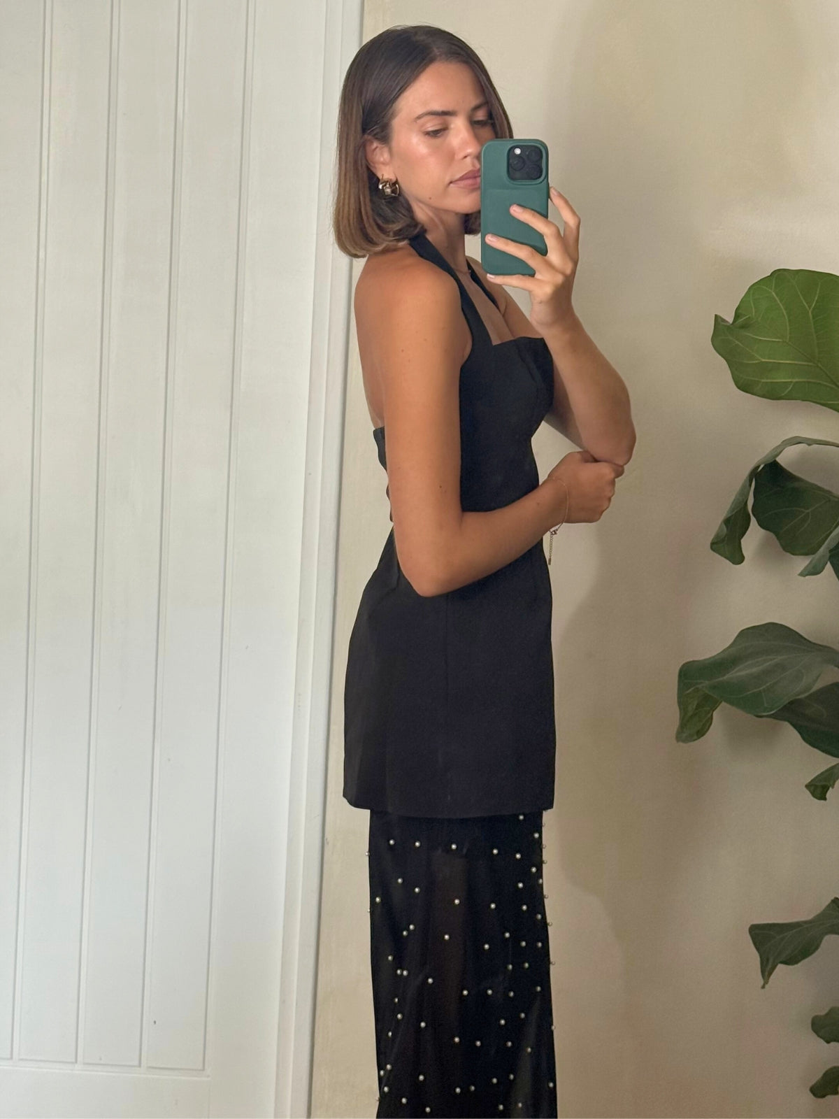 Halter Slip Pearl Dress in Black