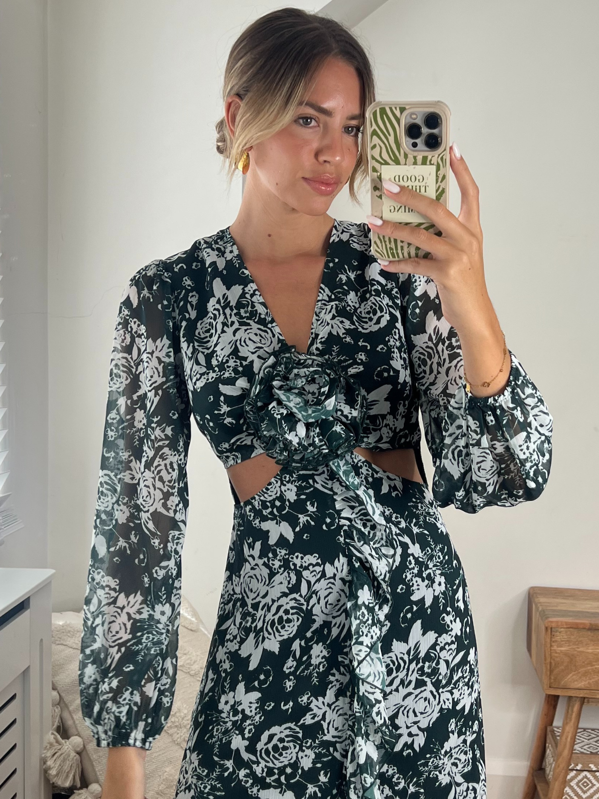 Floral Cut Out Maxi Dress in Green Floral | Sasha Corsage Dress