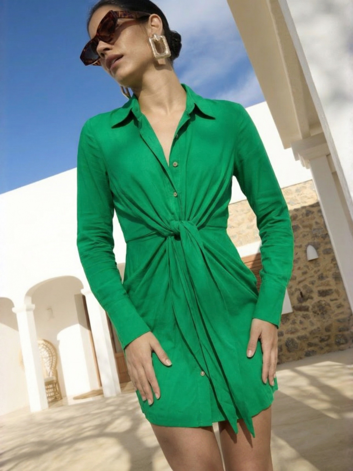 Venus Tie Front Shirt Dress / Green