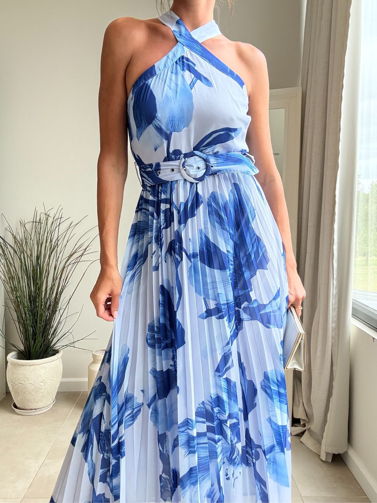Paige Halter Pleated Belted Dress / Blue Floral