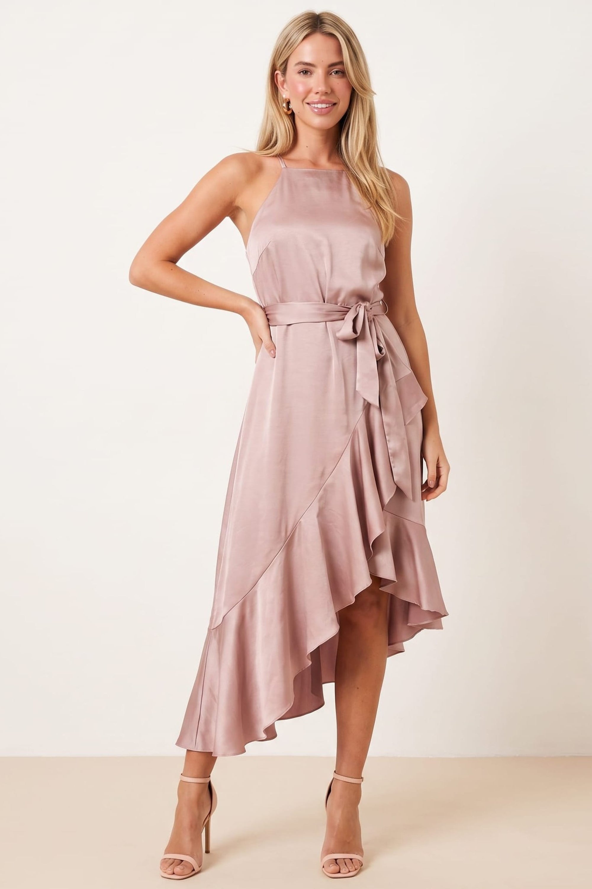 Halter Frill Satin Midi Dress / Blush