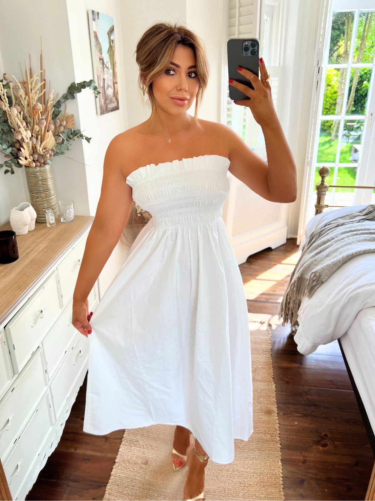 White Bandeau Dress | Betty Cotton Shirred Dress