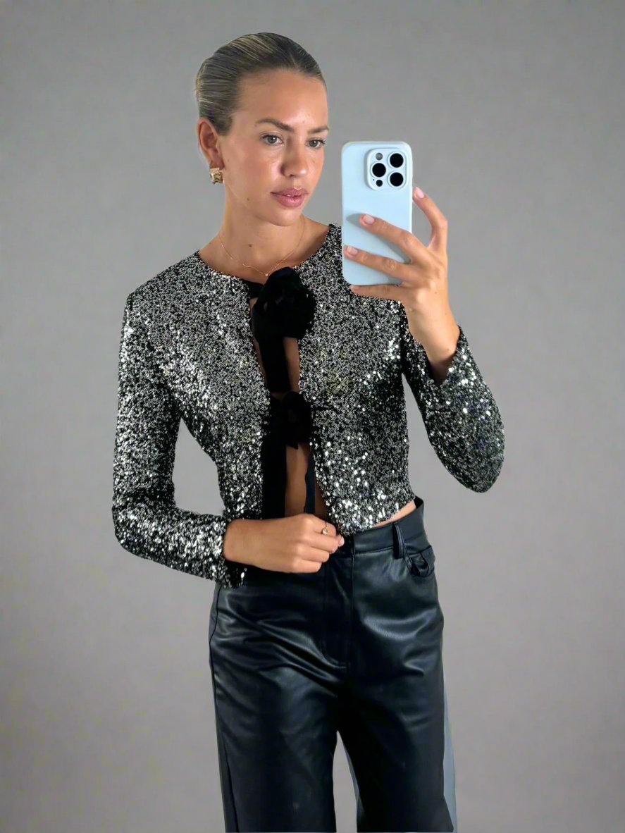 Annelise Sequin Bow Tie Top in Silver Black Style Cheat