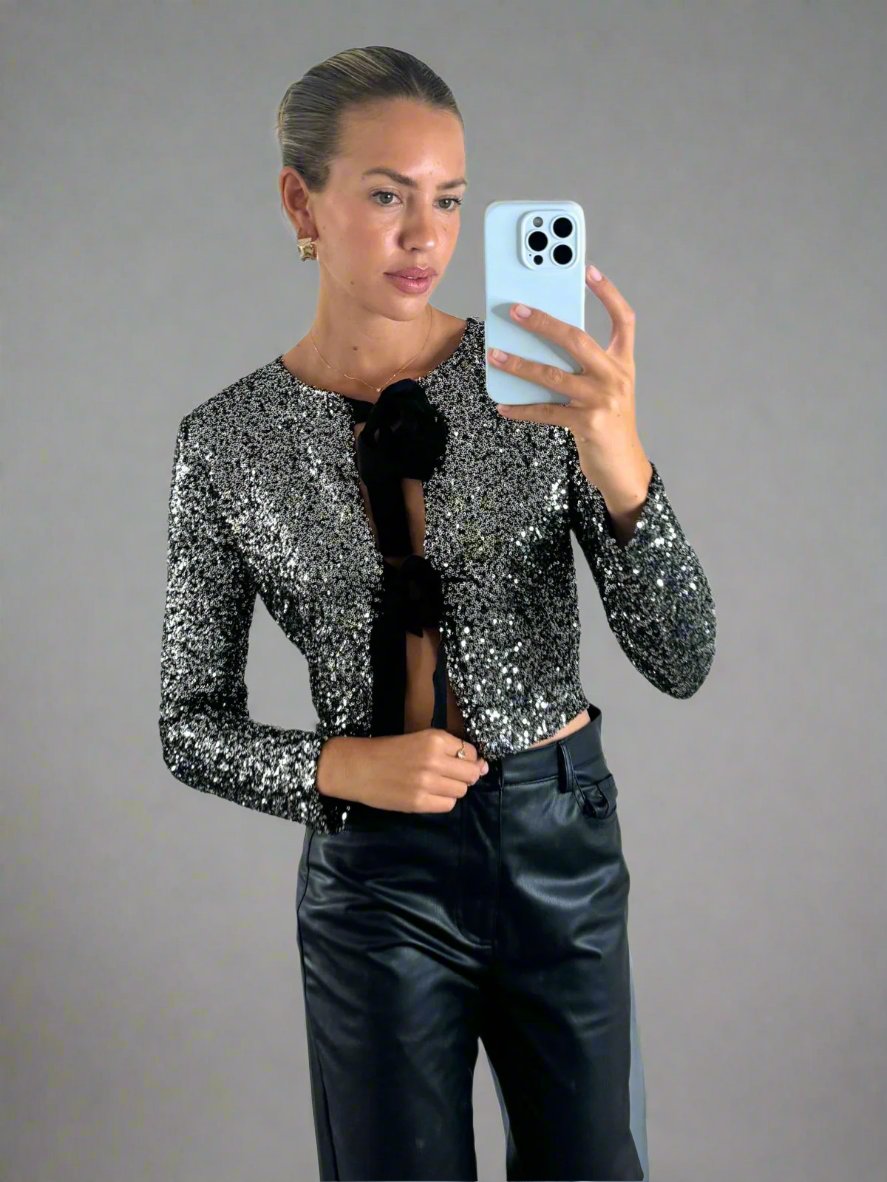 Annelise Sequin Bow Tie Top in Silver & Black