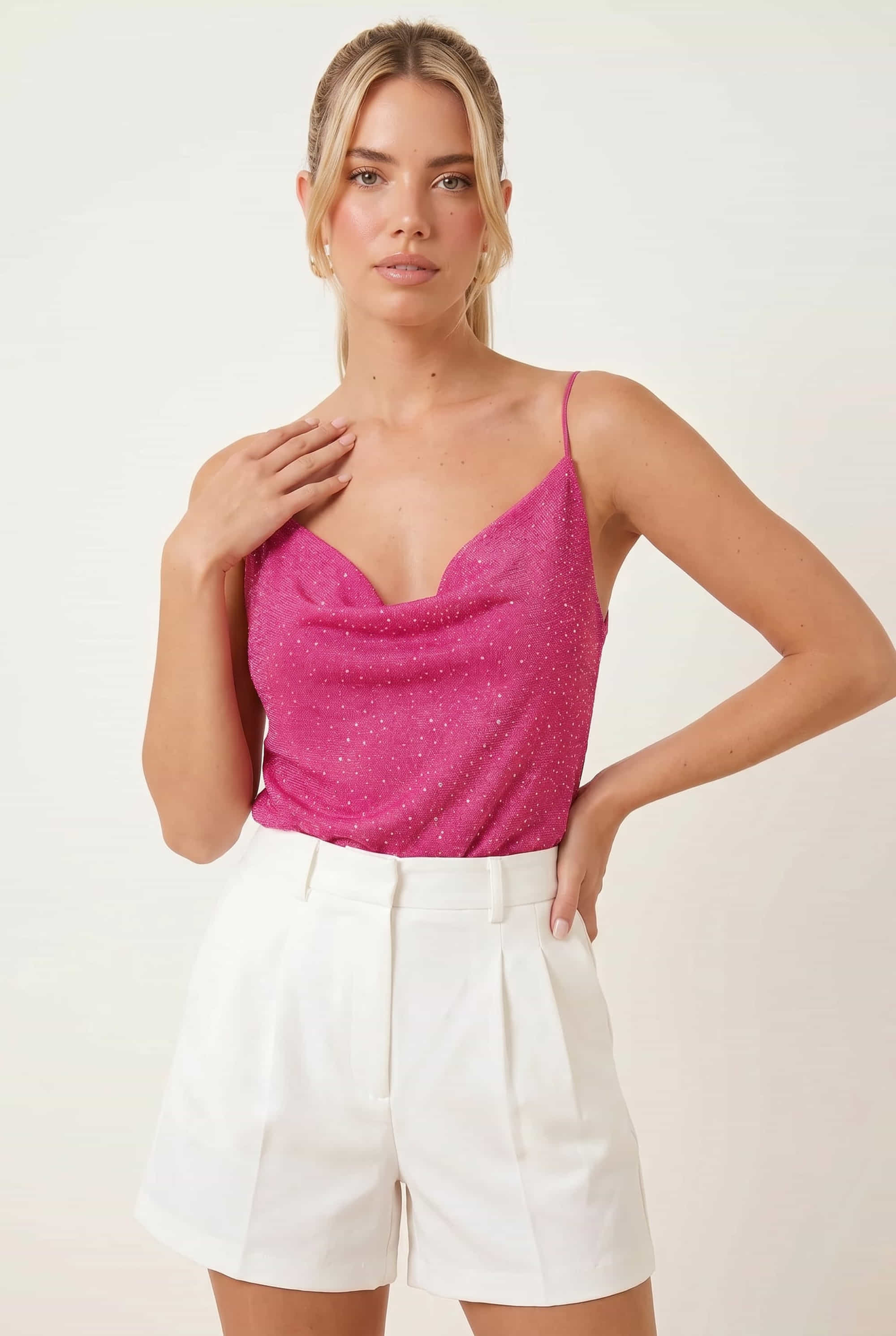 Astra Knitted Hot Fix Cowl Neck Top / Pink