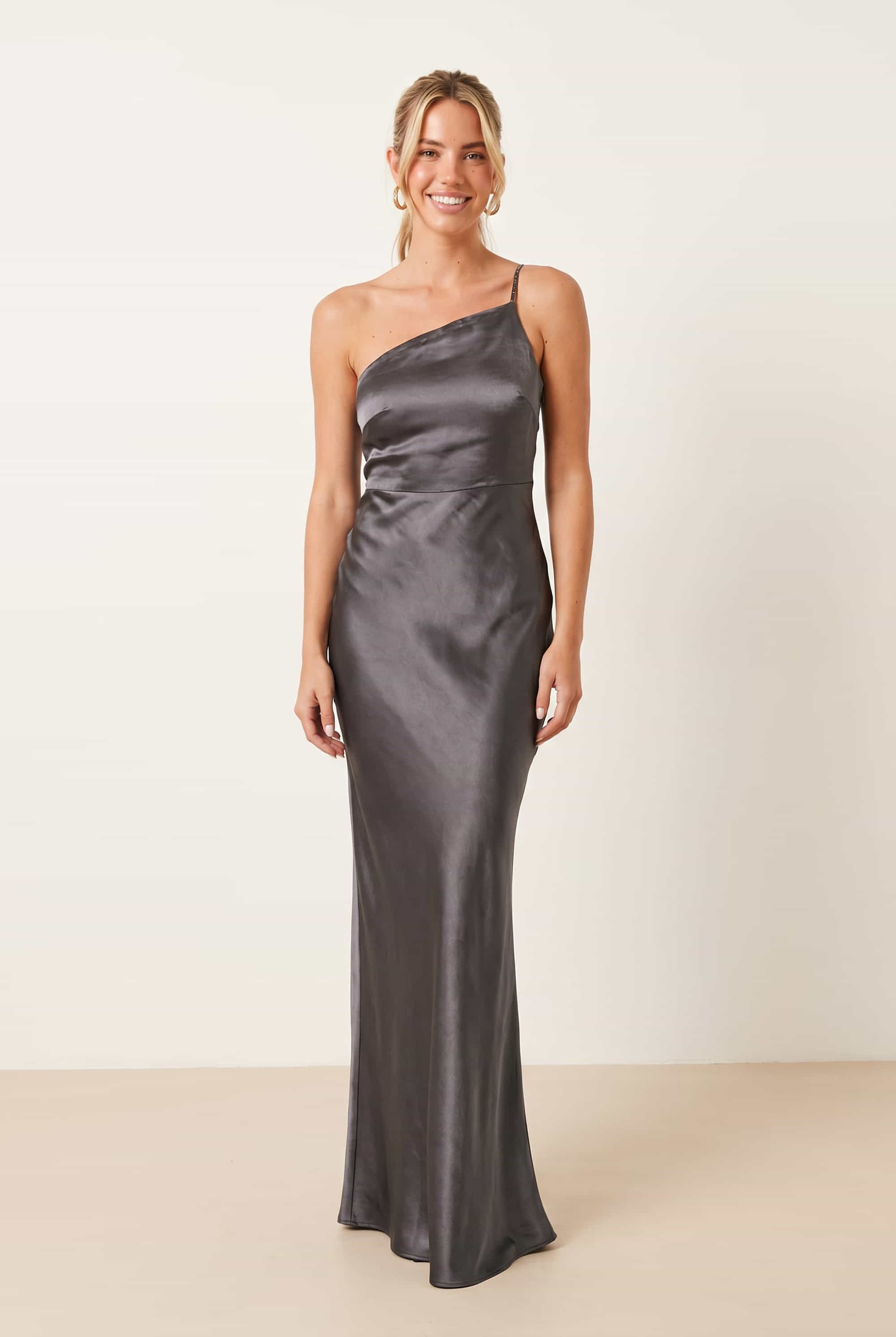 Asymmetric Diamante Strap Satin Dress / Slate Grey