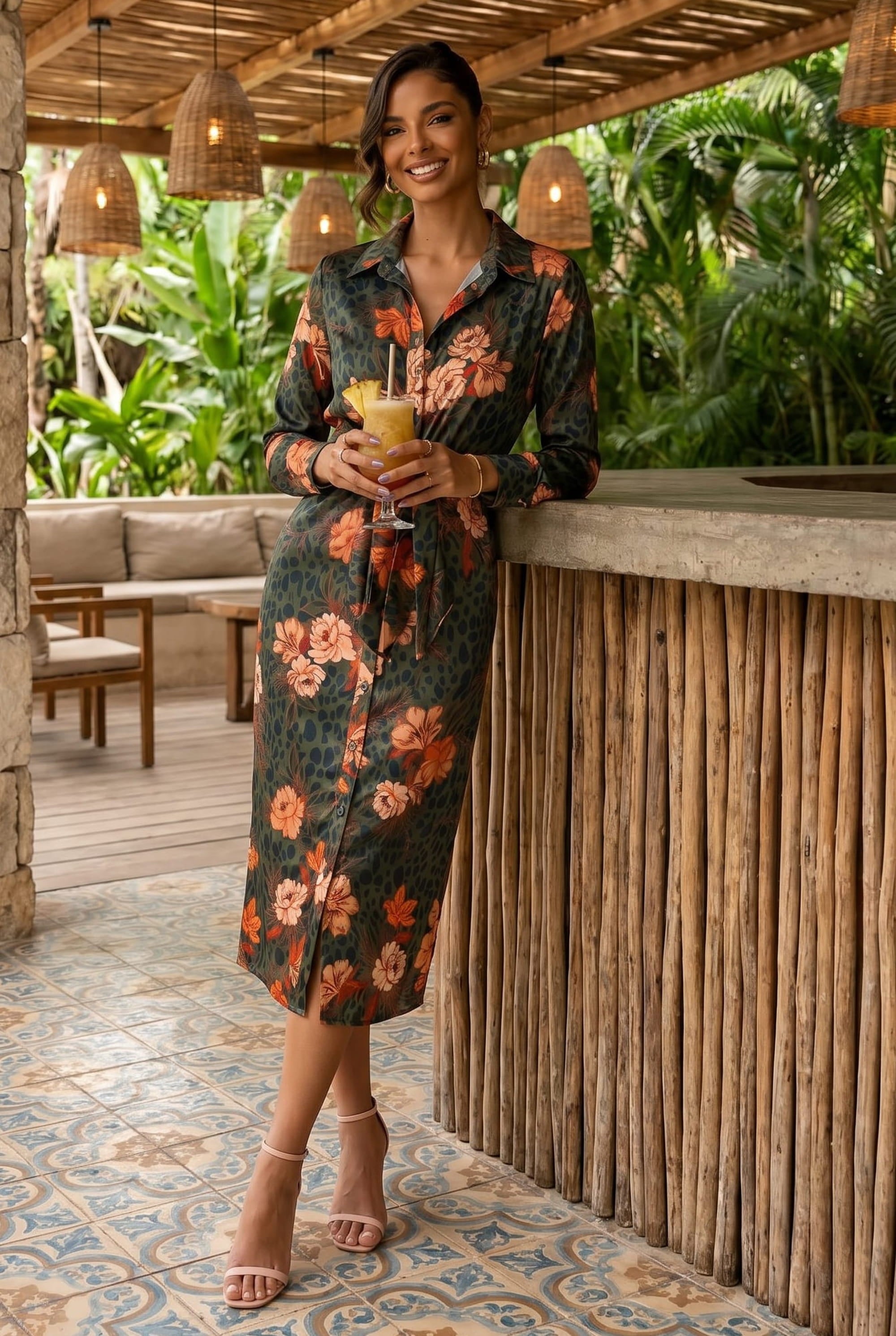 Cassie Tie Front Midi Dress / Khaki & Orange
