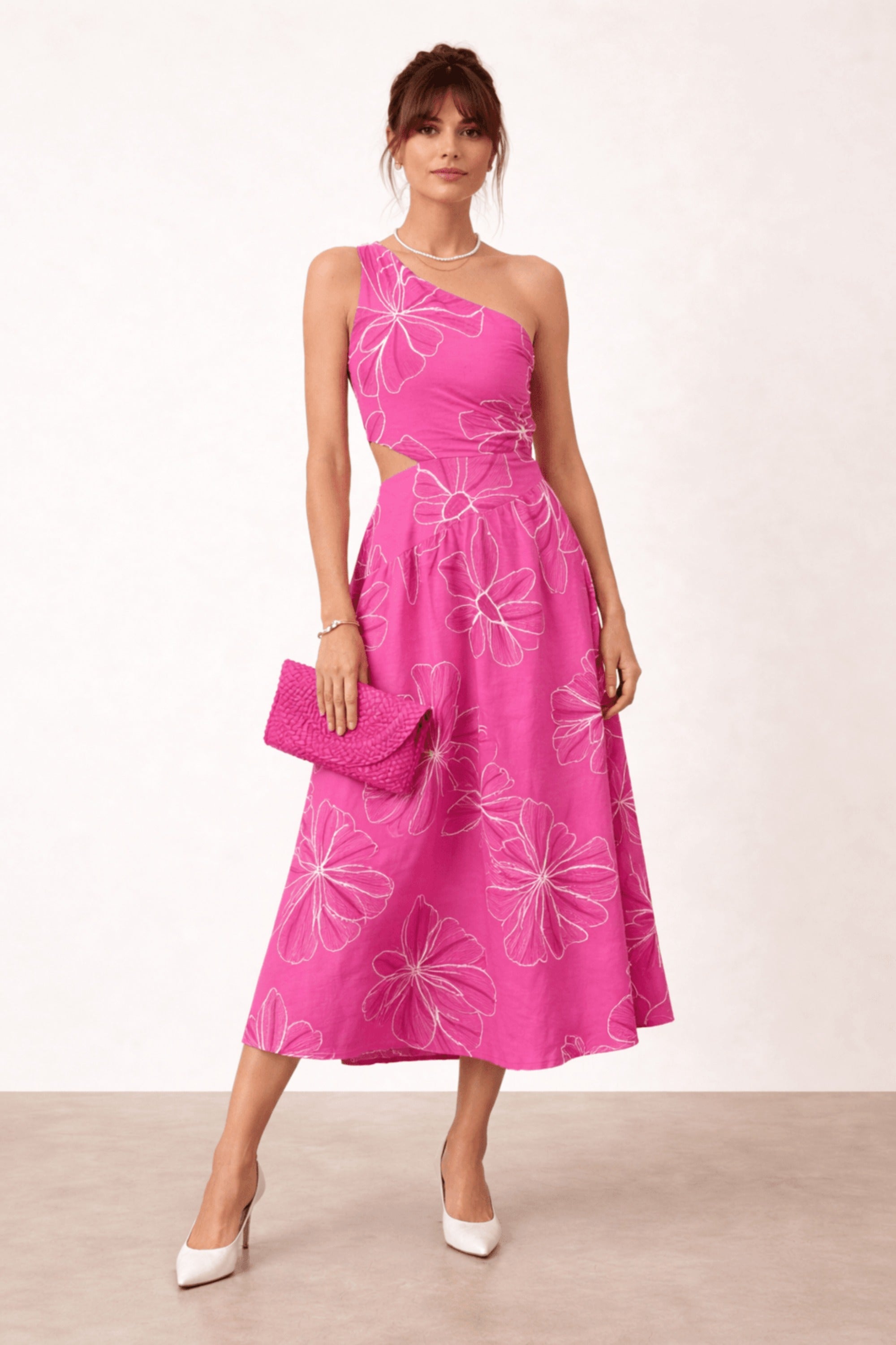 Jasmine Cut Out One Shoulder Dress in Pink Floral