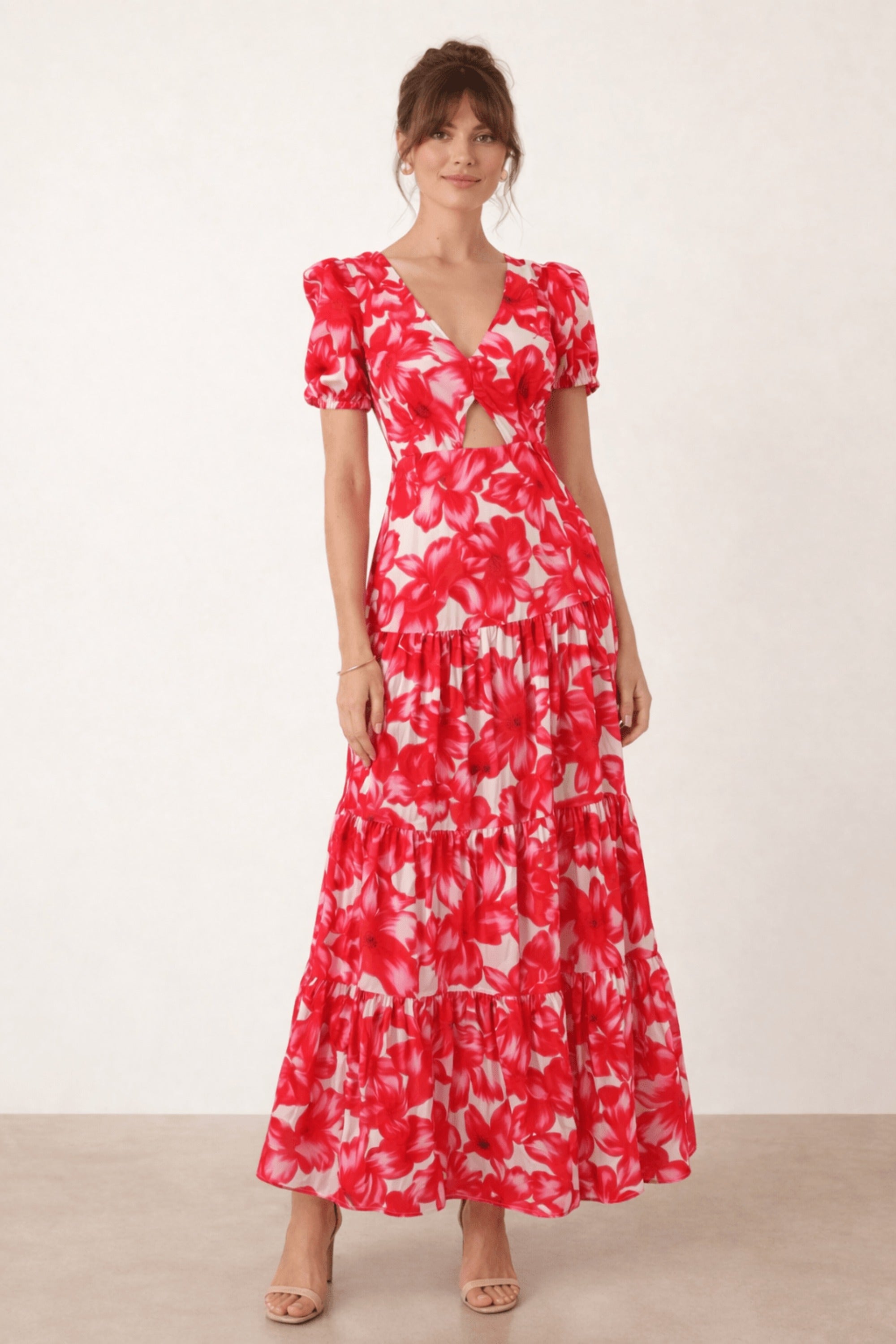 Zoe Tiered Cutout Maxi Dress / Red & White