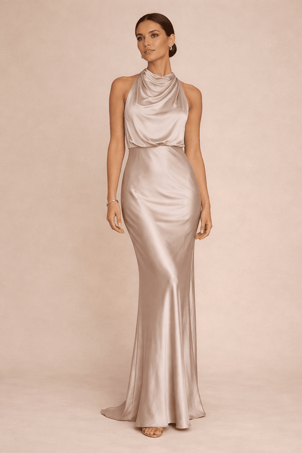 Drape Neck Maxi Satin Dress / Champagne  Style Cheat