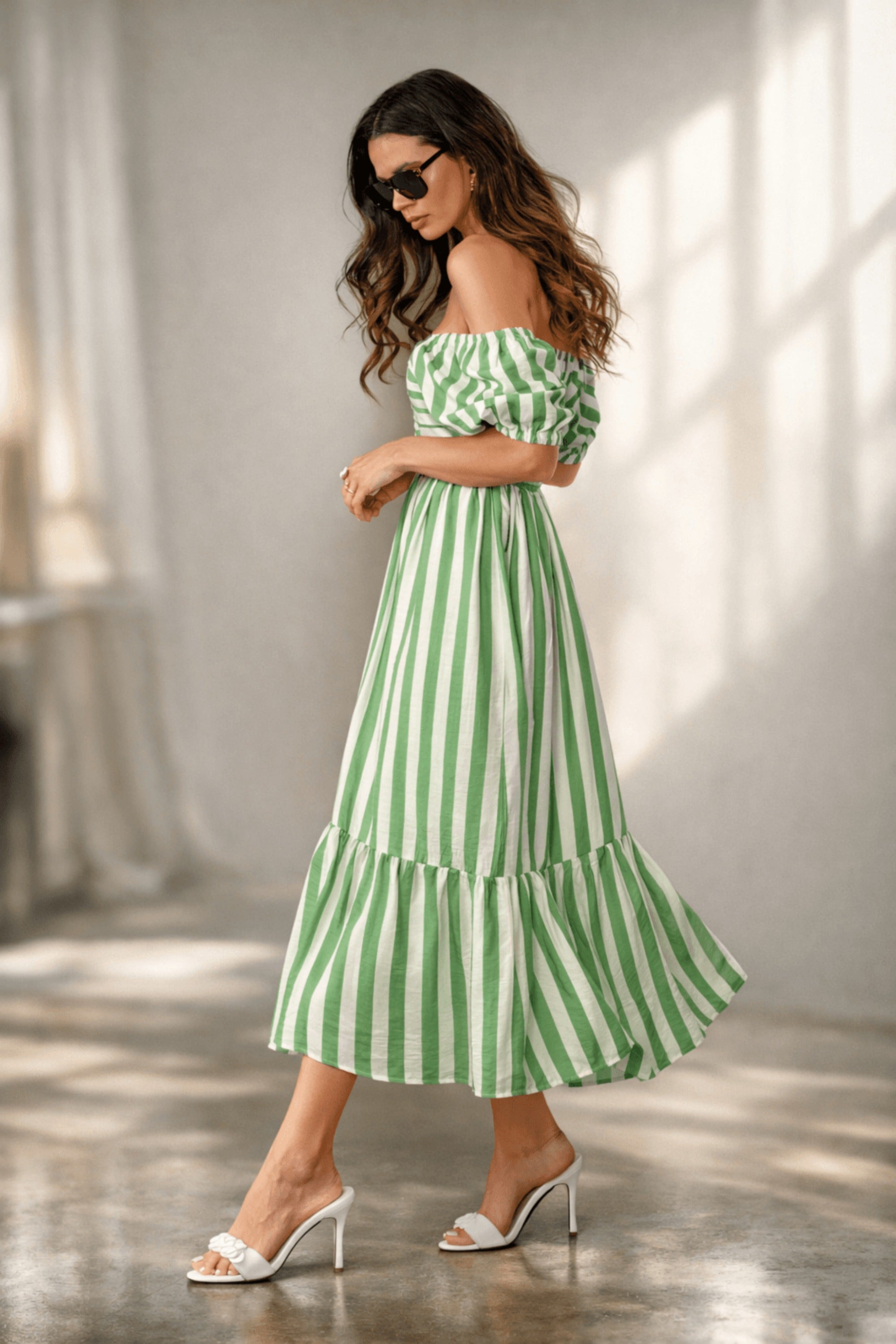 Leighton Puff Sleeve Midi Dress in Green Stripe