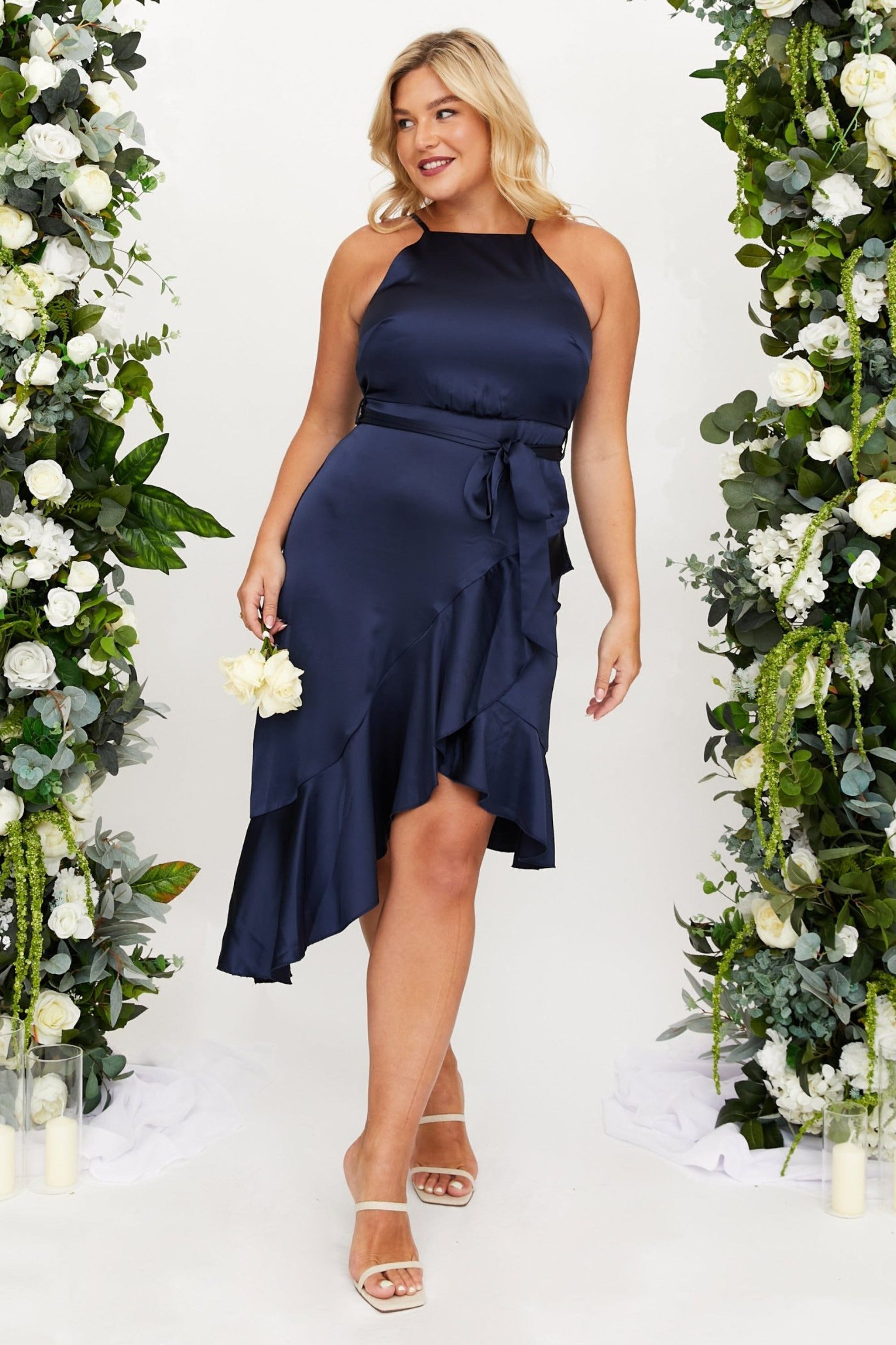 Halter Frill Satin Midi Dress / Navy