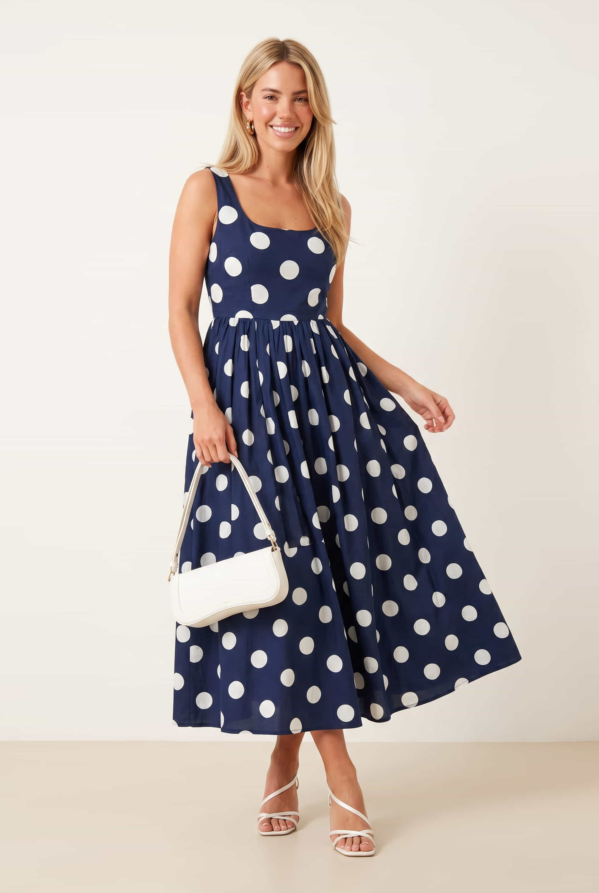 Davica Navy and white Polka Dot Midi Dress – Style Cheat