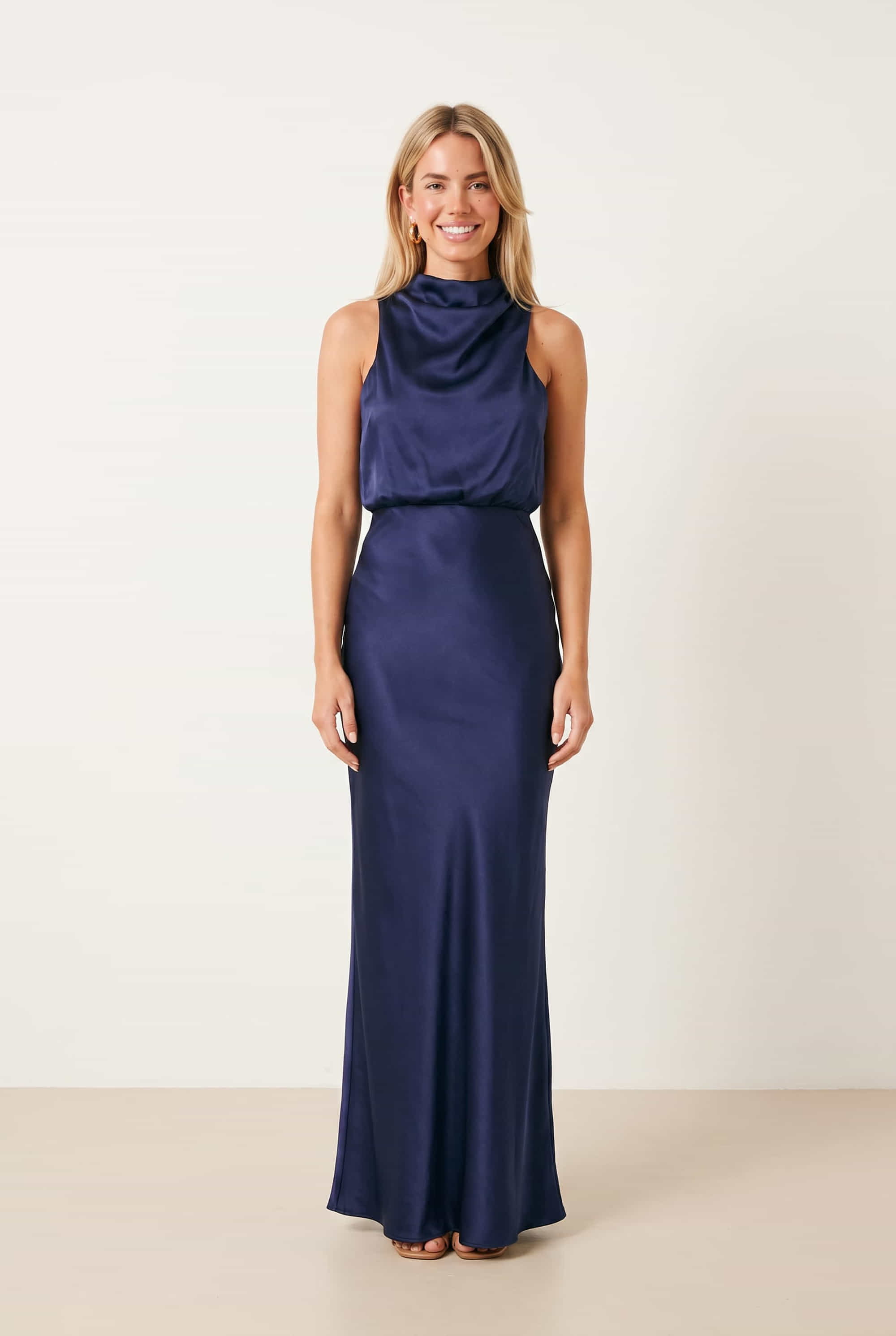 Drape Neck Maxi Satin Dress / Navy