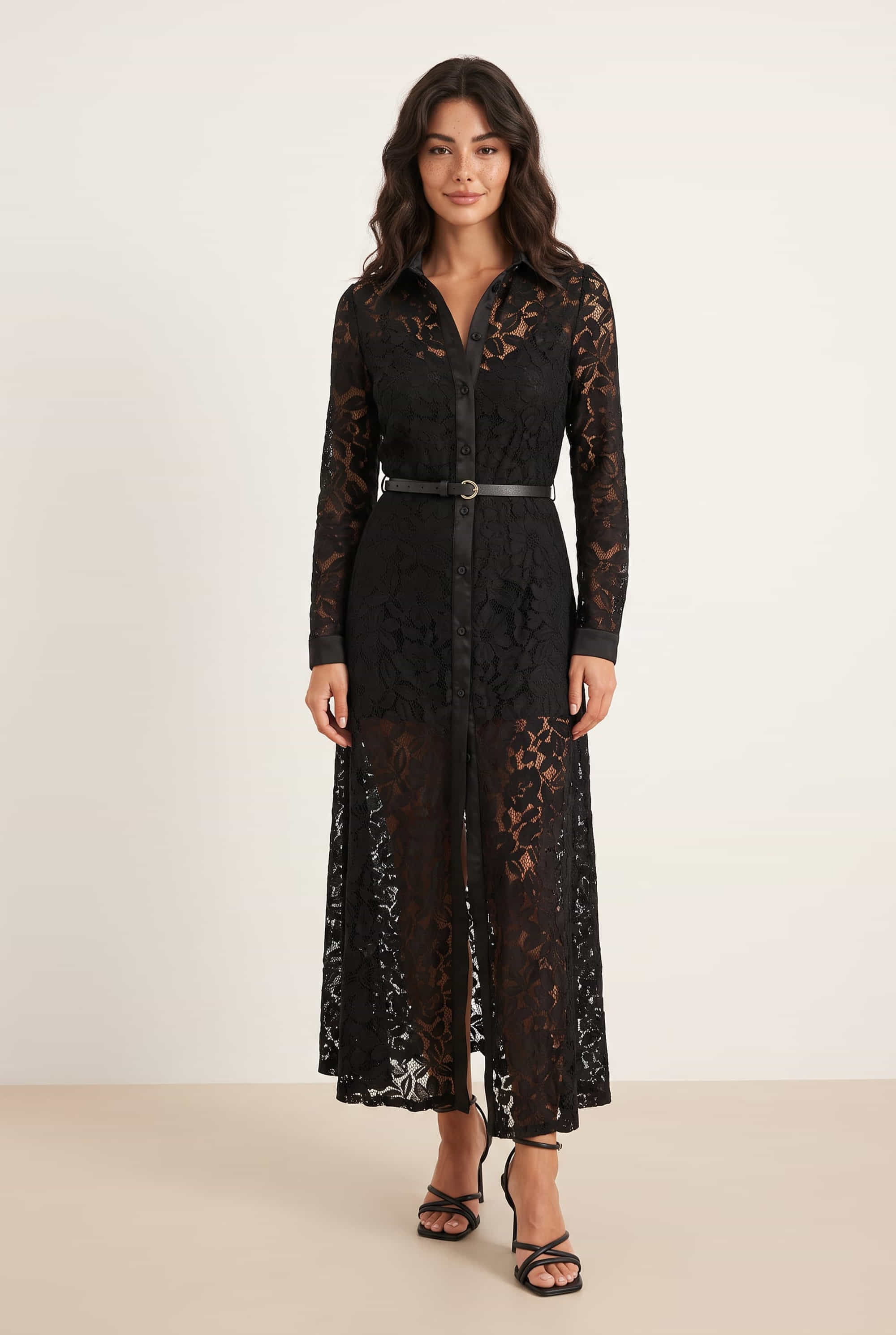 Daphne Belted Shirt Dress / Black Lace
