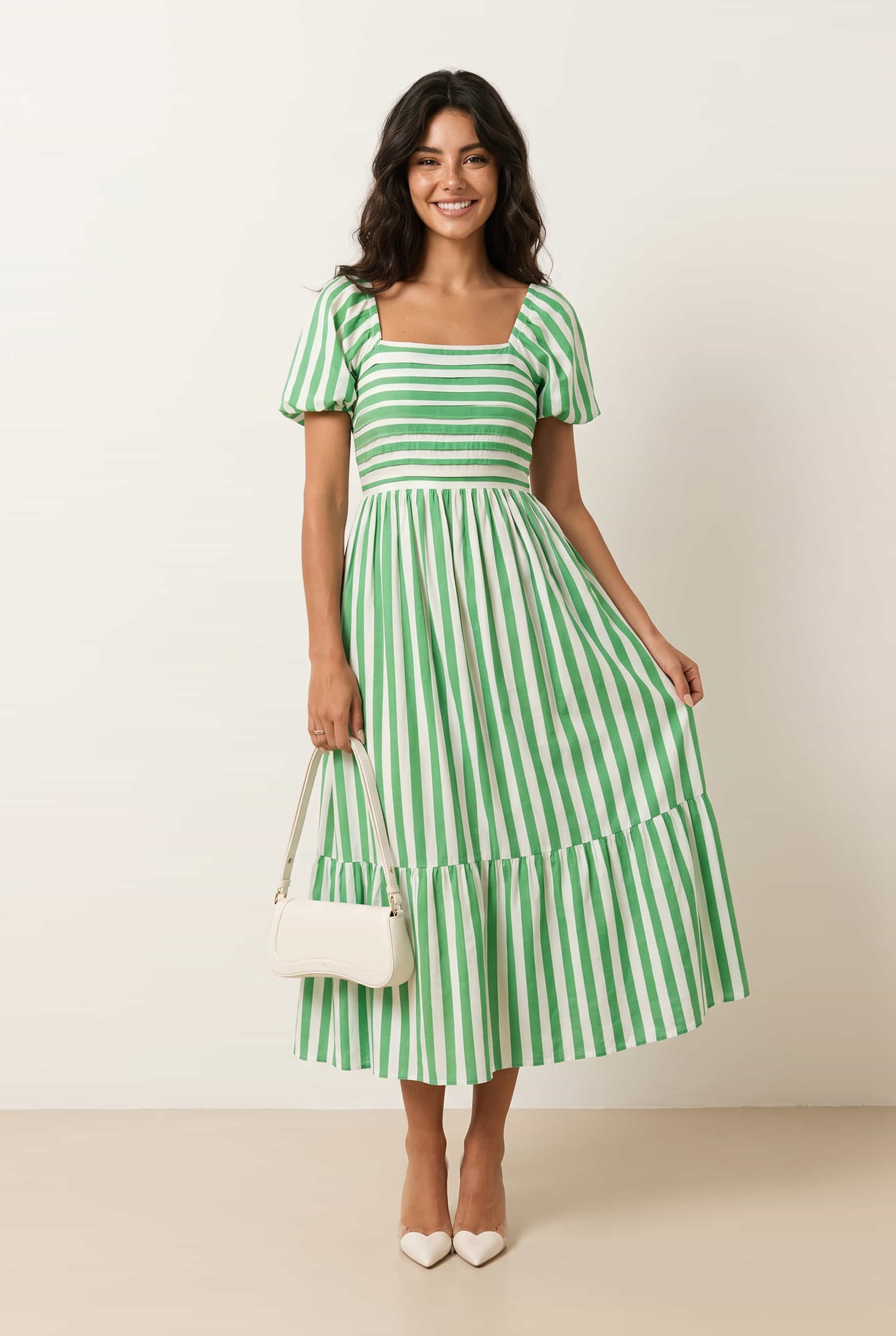 Leighton Puff Sleeve Midi Dress in Green Stripe