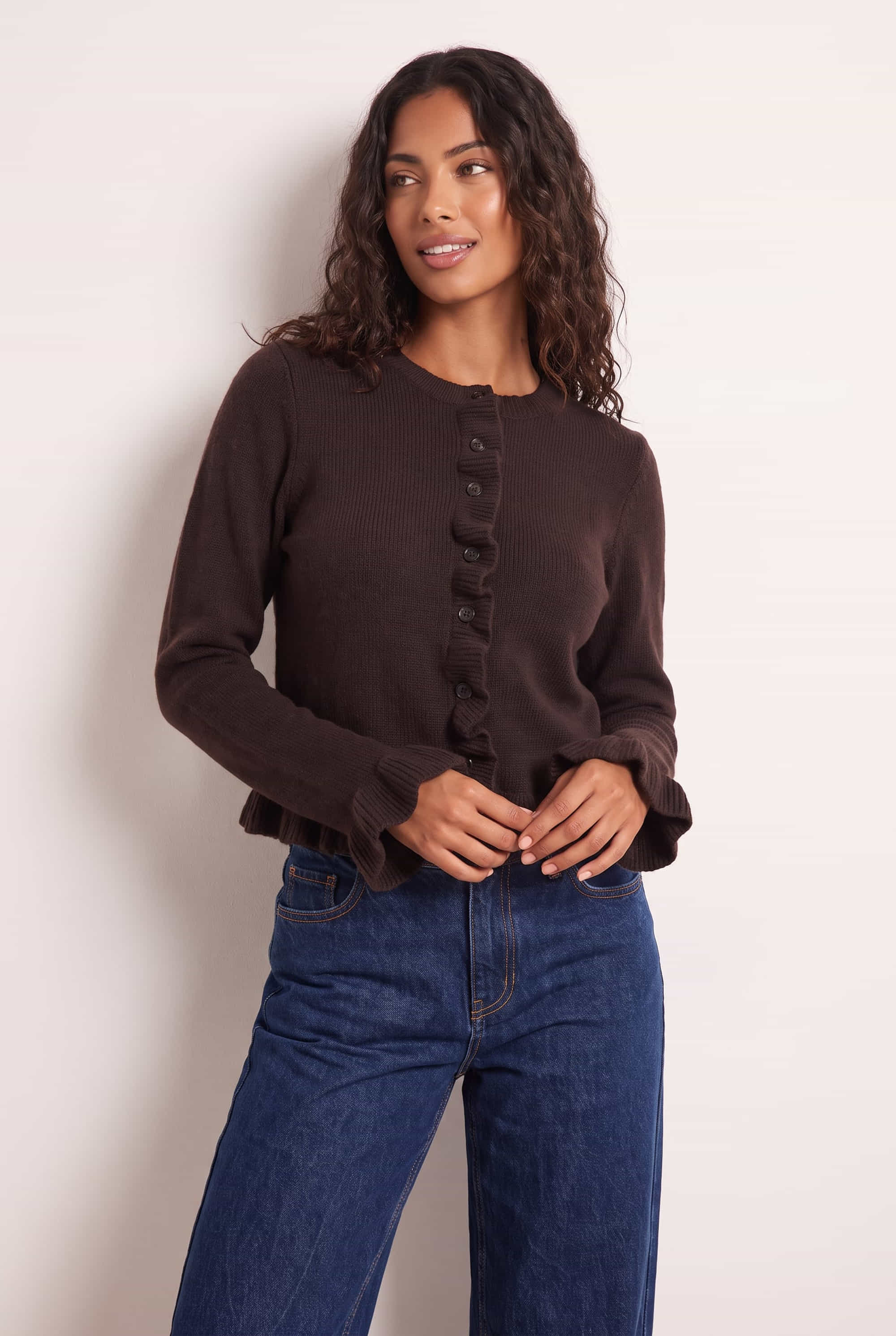 Chocolate Brown Long Sleeve Ruffle Frill Knit Cardigan – Style Cheat