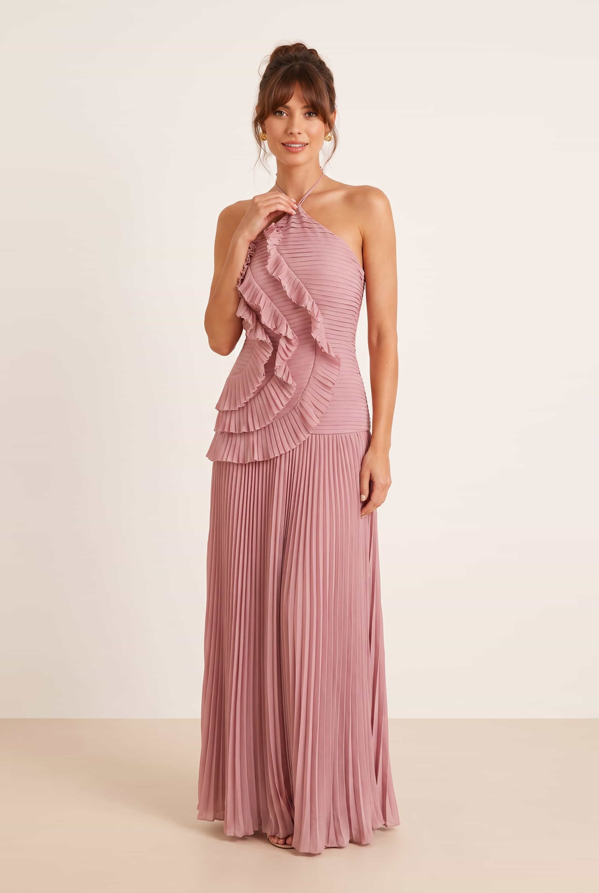Pleated halter tie dress in Dusky Pink