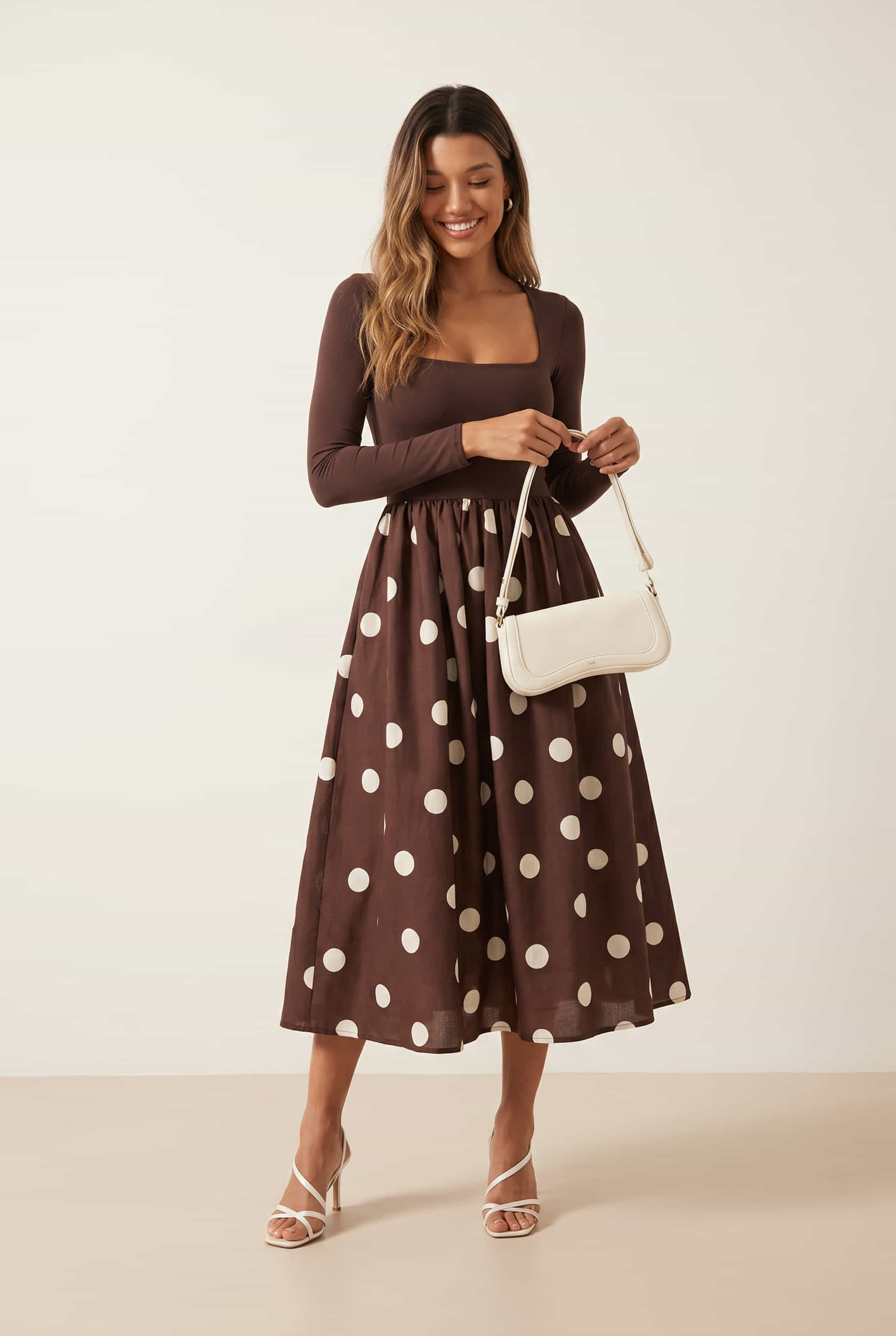 Sadie Chocolate Brown and Cream Polka Dot Long Sleeve Midi Dress – Style Cheat