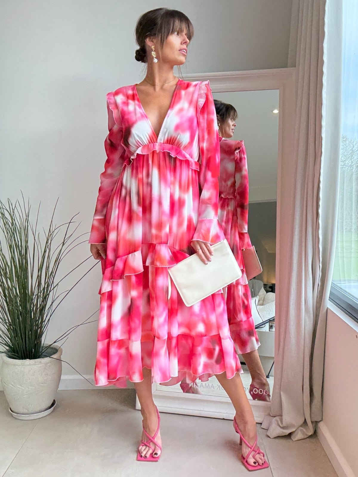 Birdie Frill Tie Back Dress / Pink Abstract