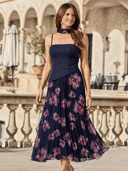 Viola Scarf Bandeau Pleat Dress in Navy