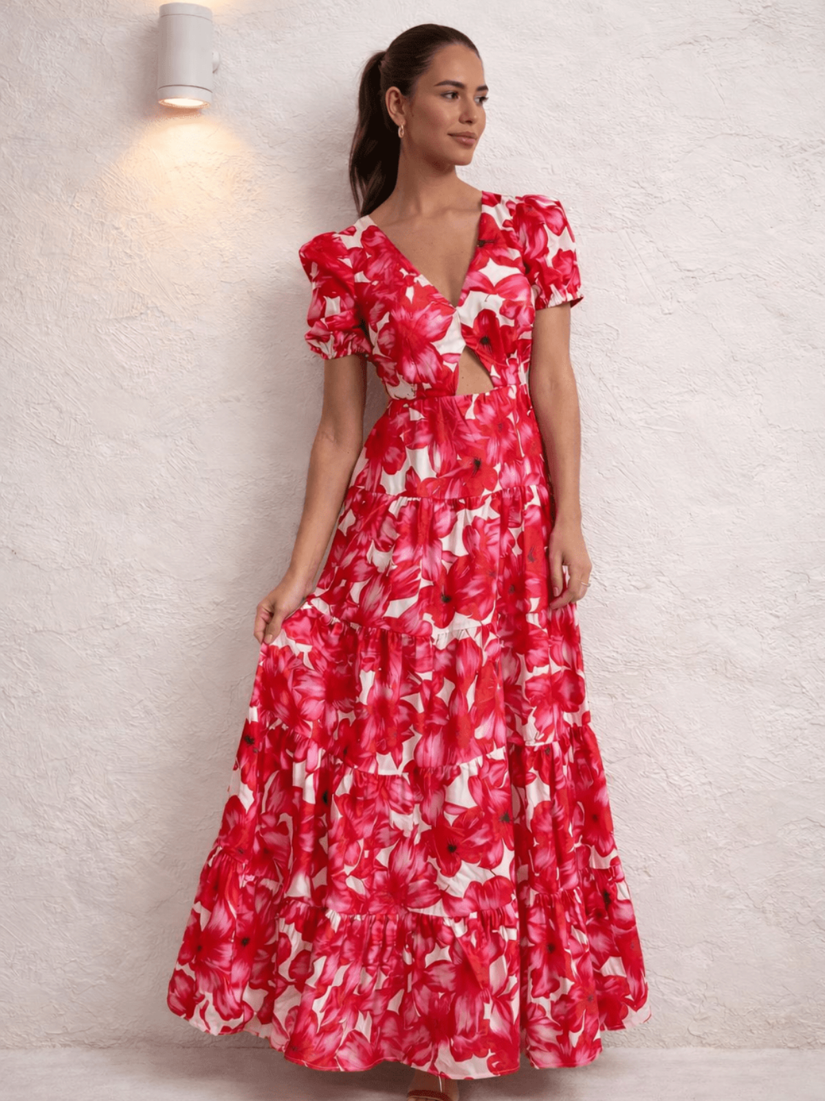 Zoe Tiered Cutout Maxi Dress / Red & White