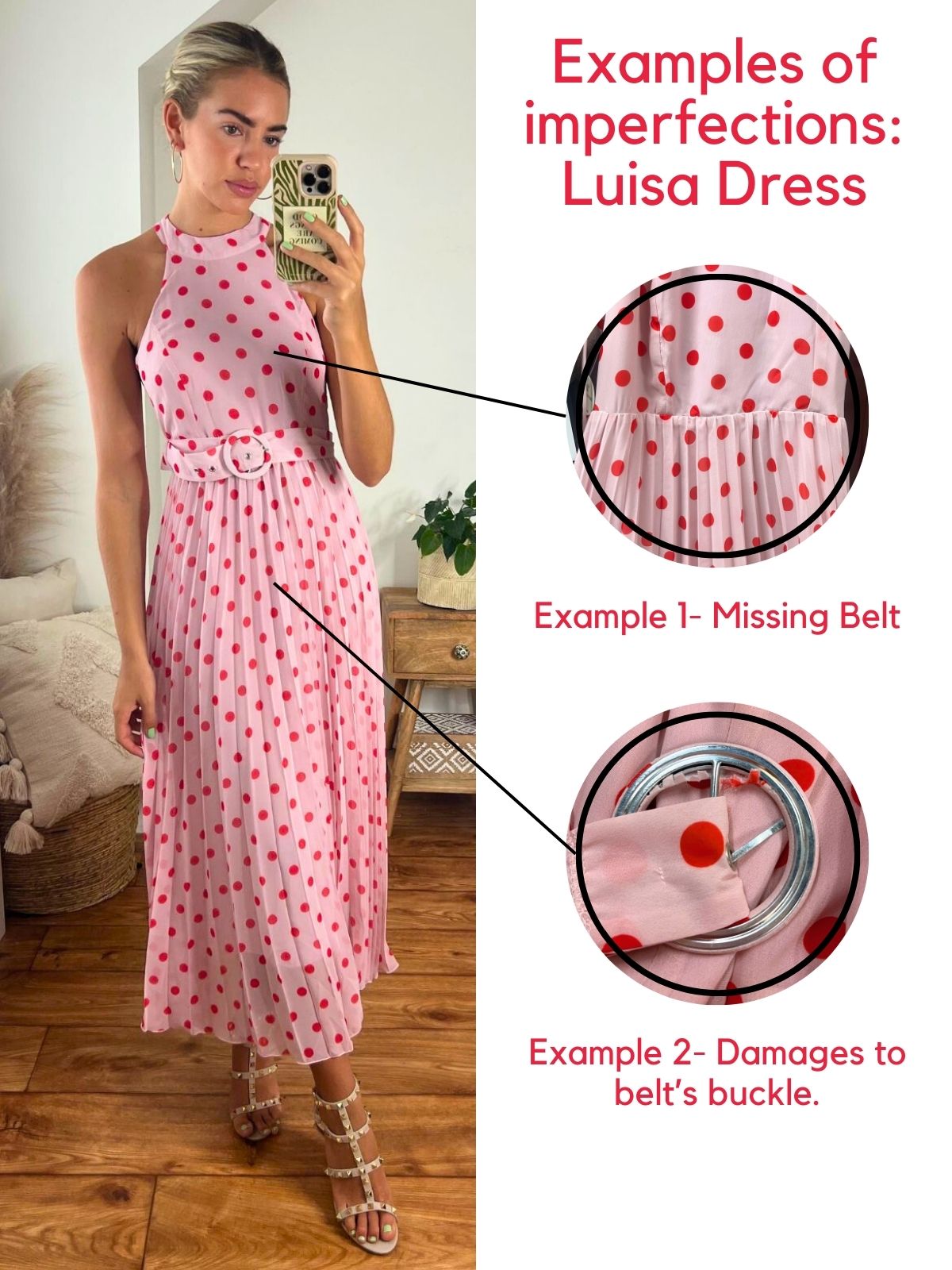 IMPERFECT Luisa Belted Pleated Maxi Dress / Pink And Red Spot Print