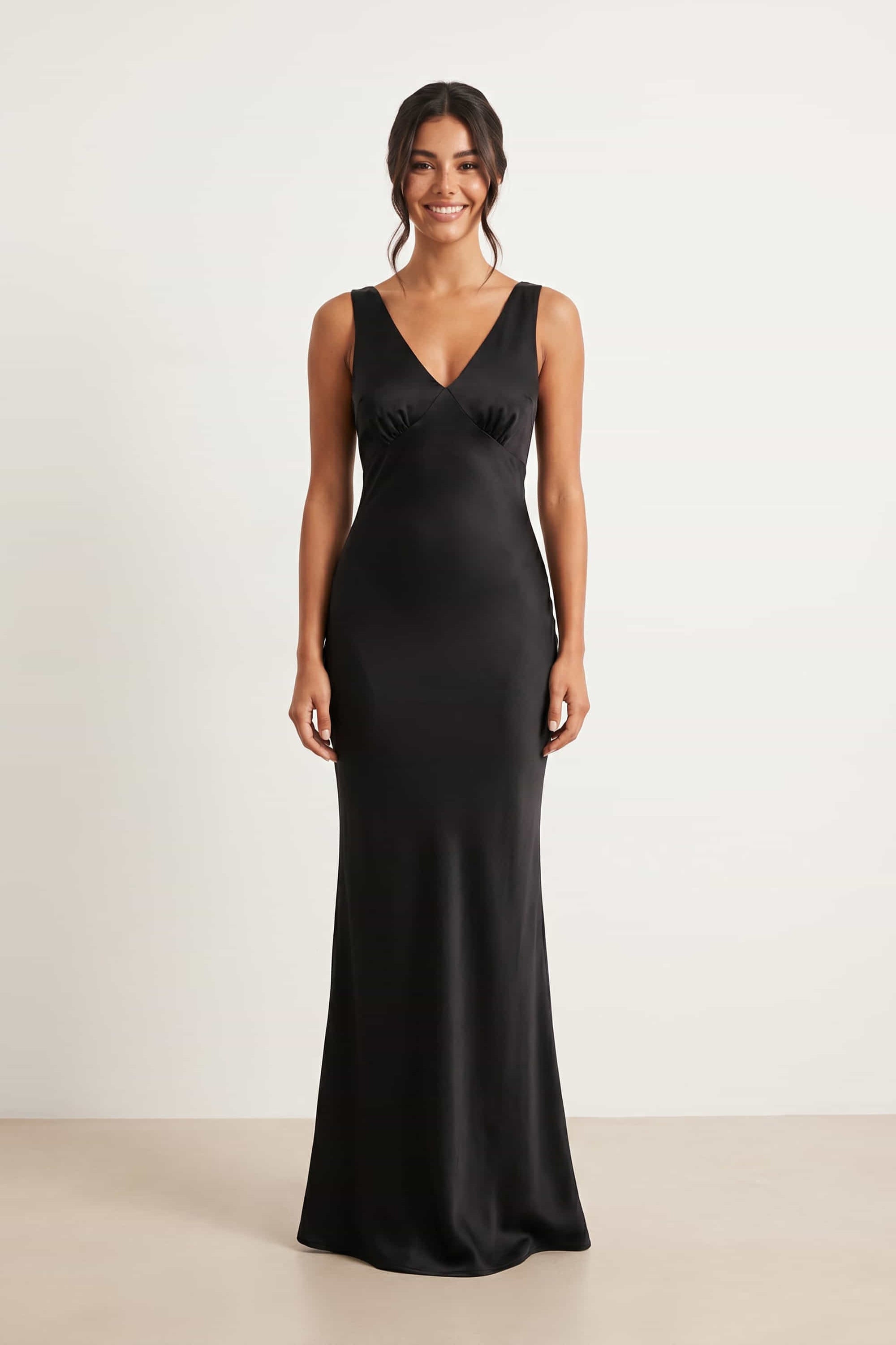 V Neck Satin Maxi Dress / Black
