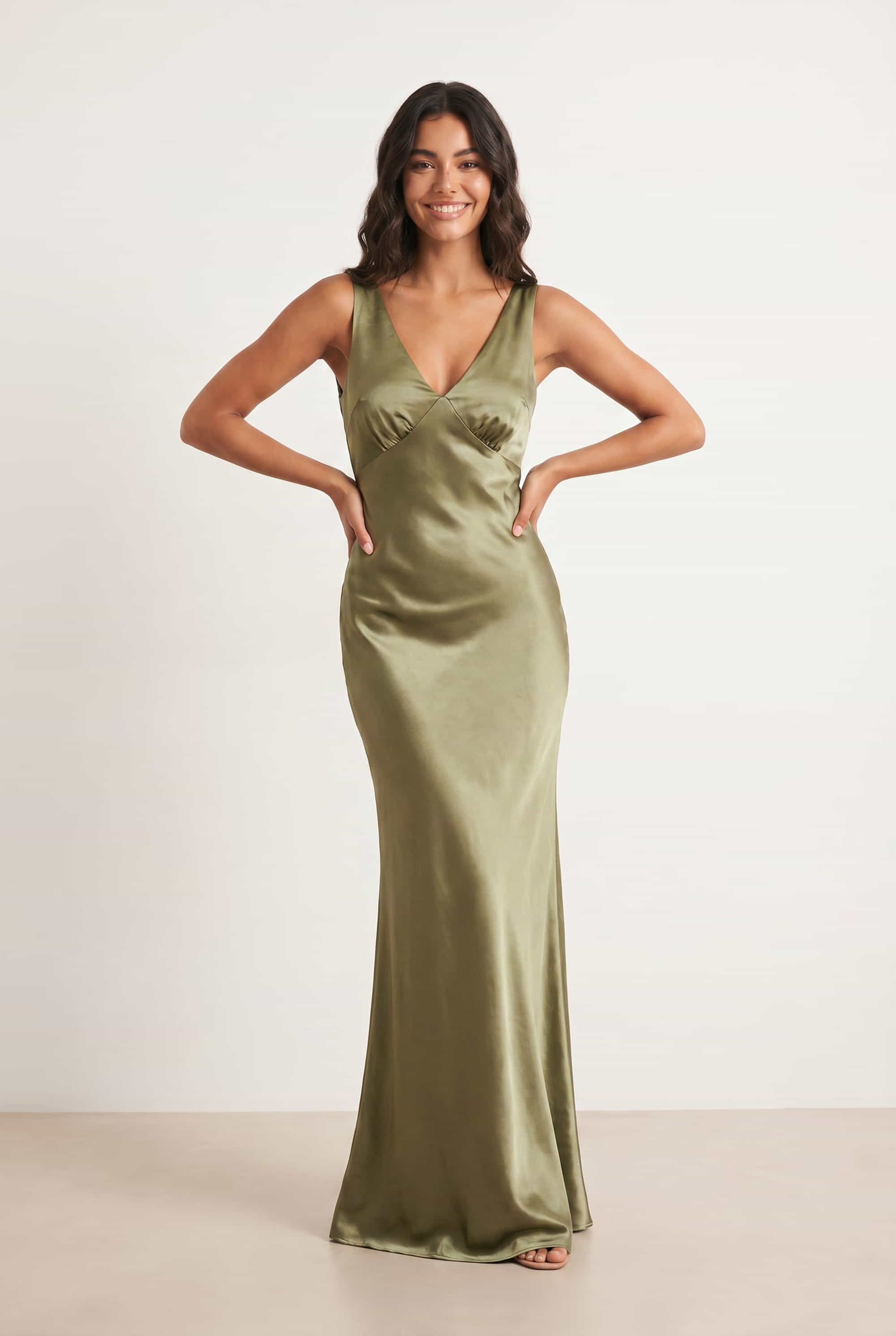 V Neck Satin Maxi Dress / Olive