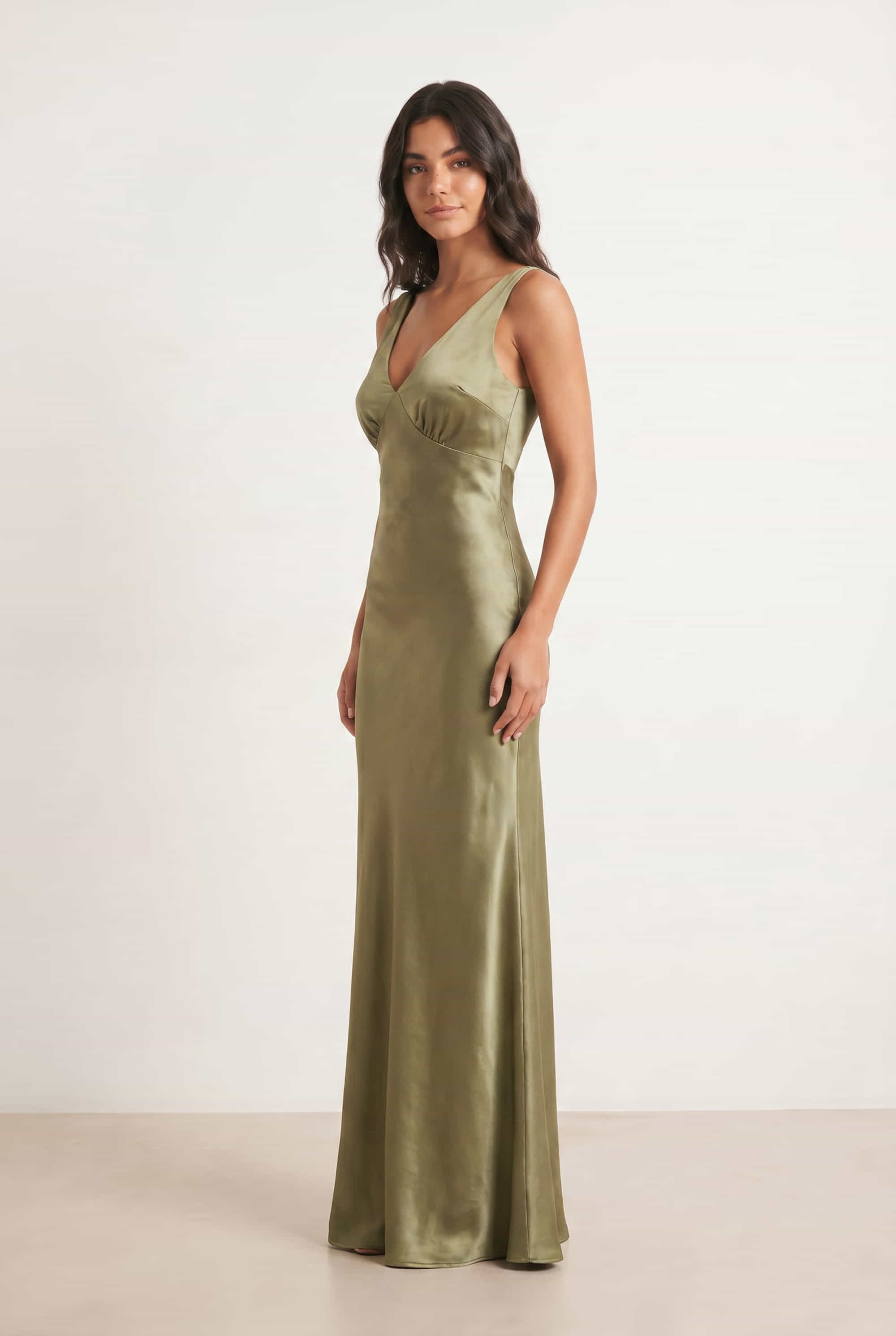 V Neck Satin Maxi Bridesmaid Dress Olive