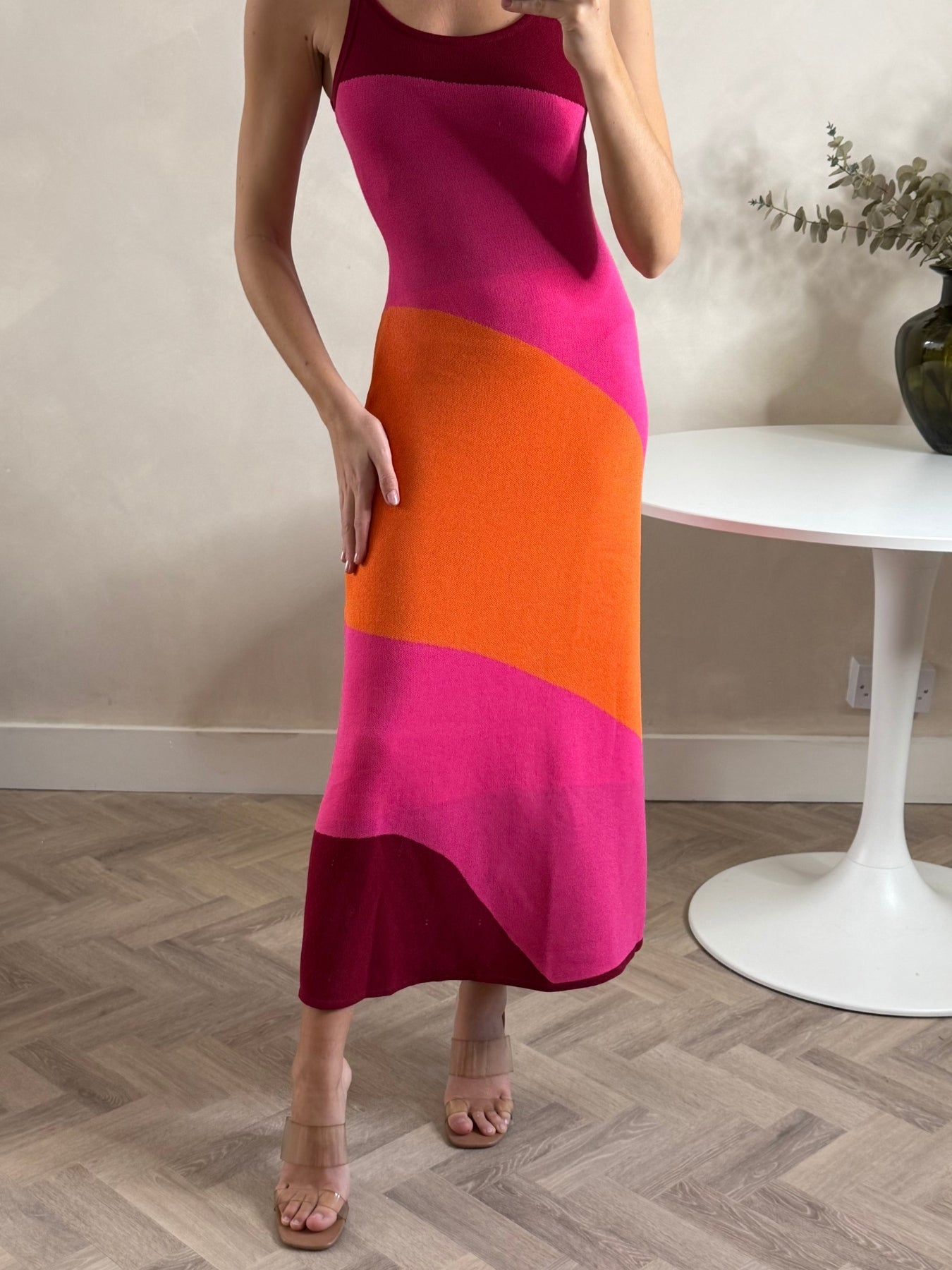 Colourblock Strappy Knitted Midi Dress in Orange & pink