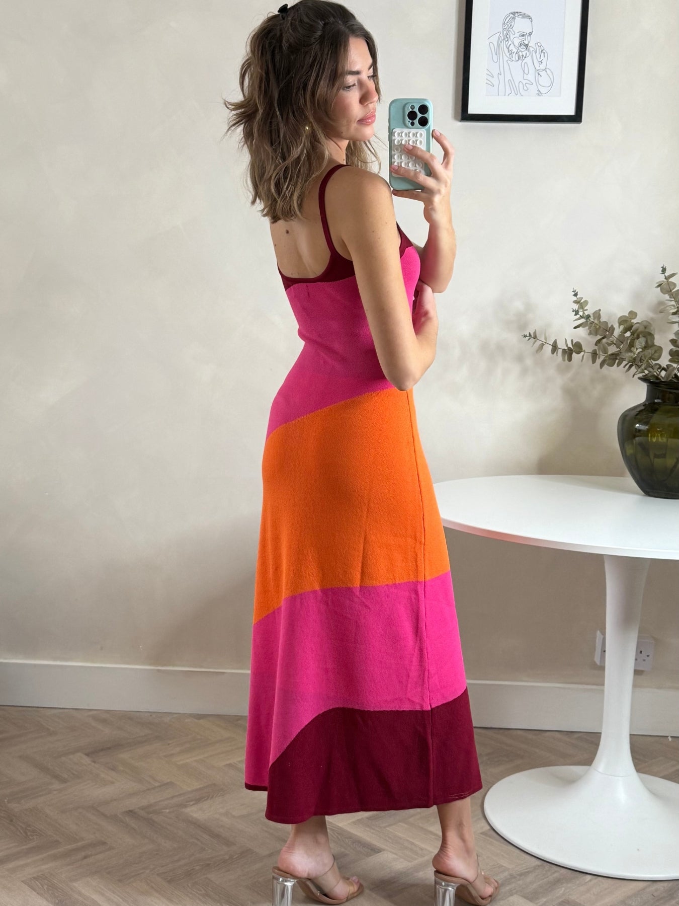 Colourblock Strappy Knitted Midi Dress in Orange & pink