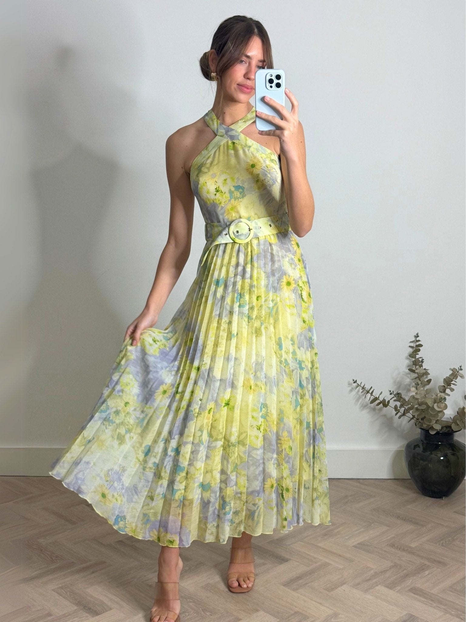 Paige Halter Pleated Belted Dress / Lemon Floral