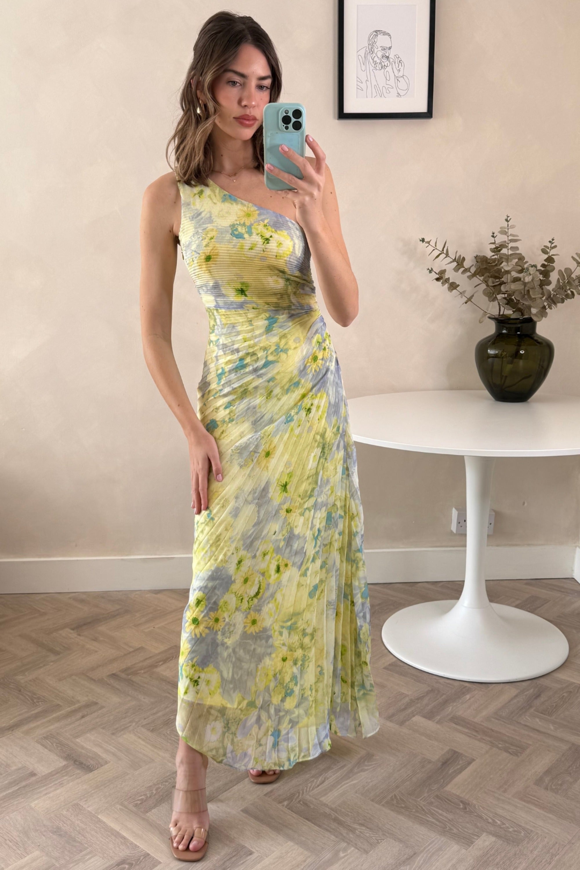 Marley Asymmetric Pleated Maxi Dress / Yellow Floral