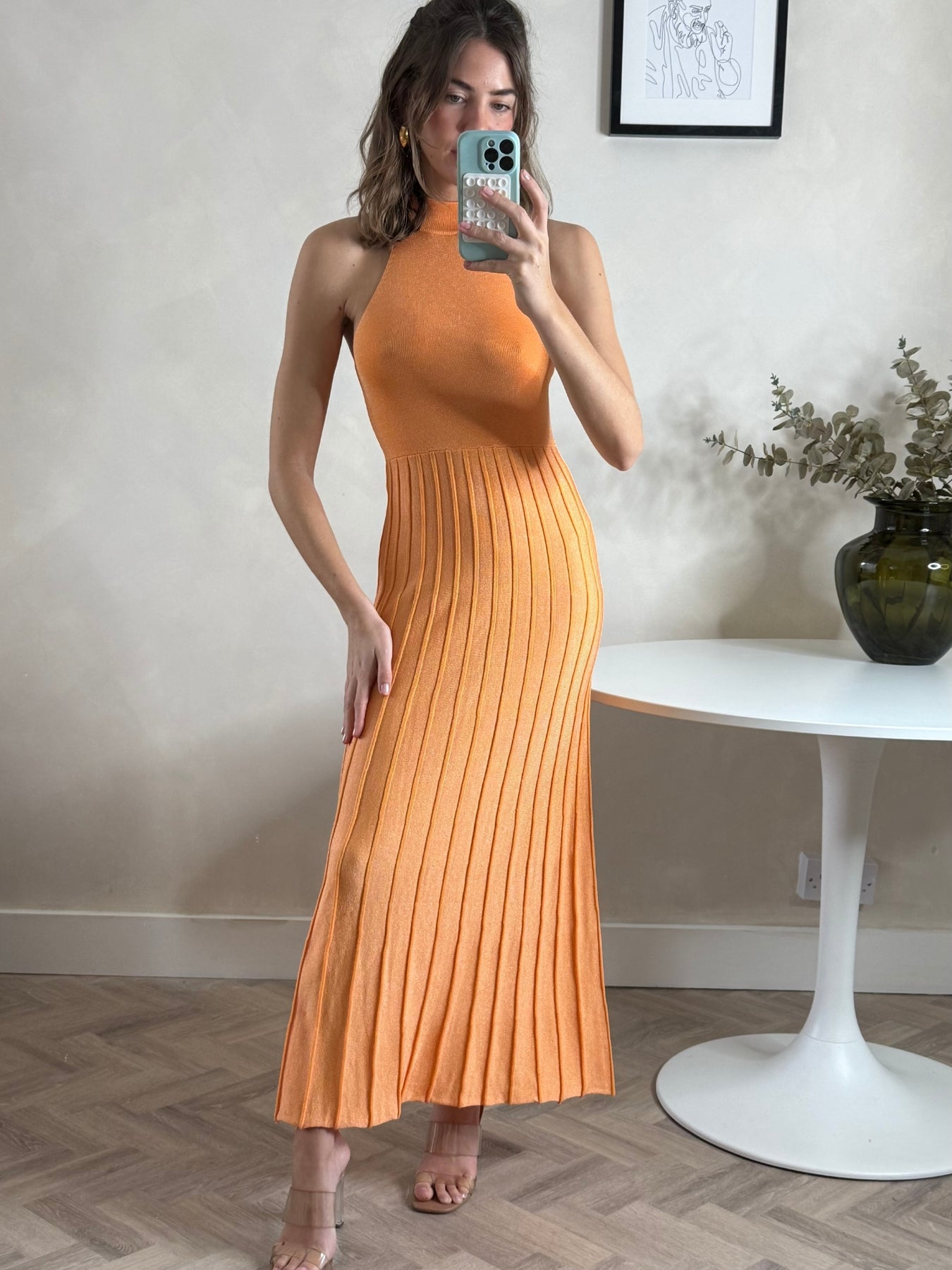 High Neck Pleated Maxi Dress in Orange Shimmer