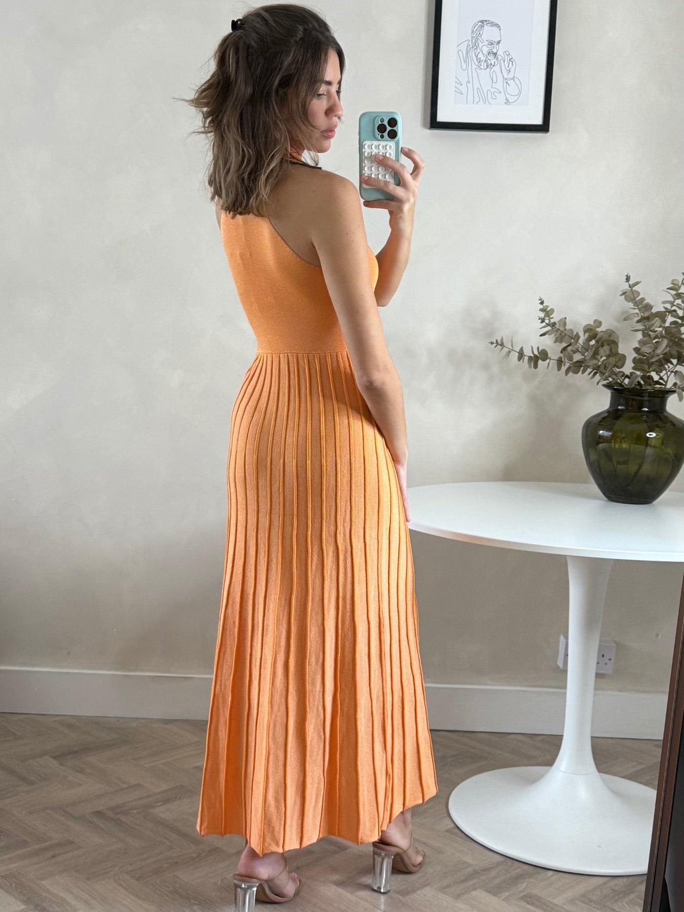 High Neck Pleated Maxi Dress in Orange Shimmer