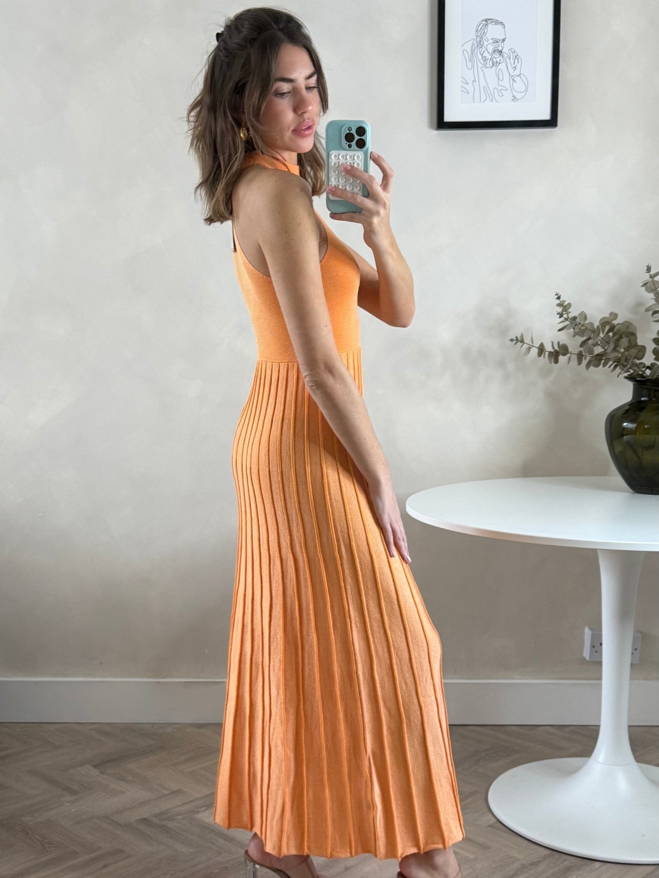 High Neck Pleated Maxi Dress in Orange Shimmer