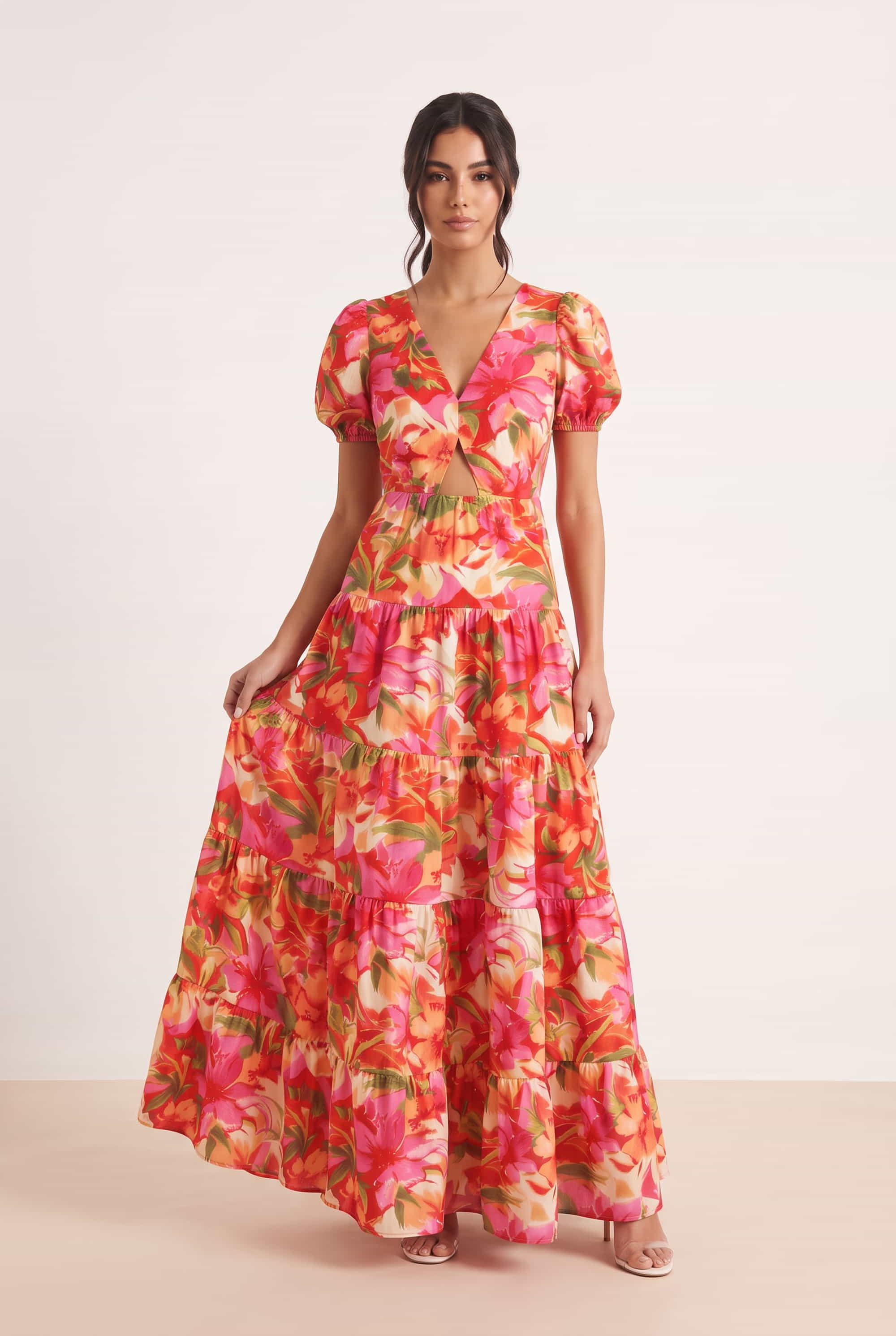 Zoe Tiered Cutout Maxi Dress / Tropical Print
