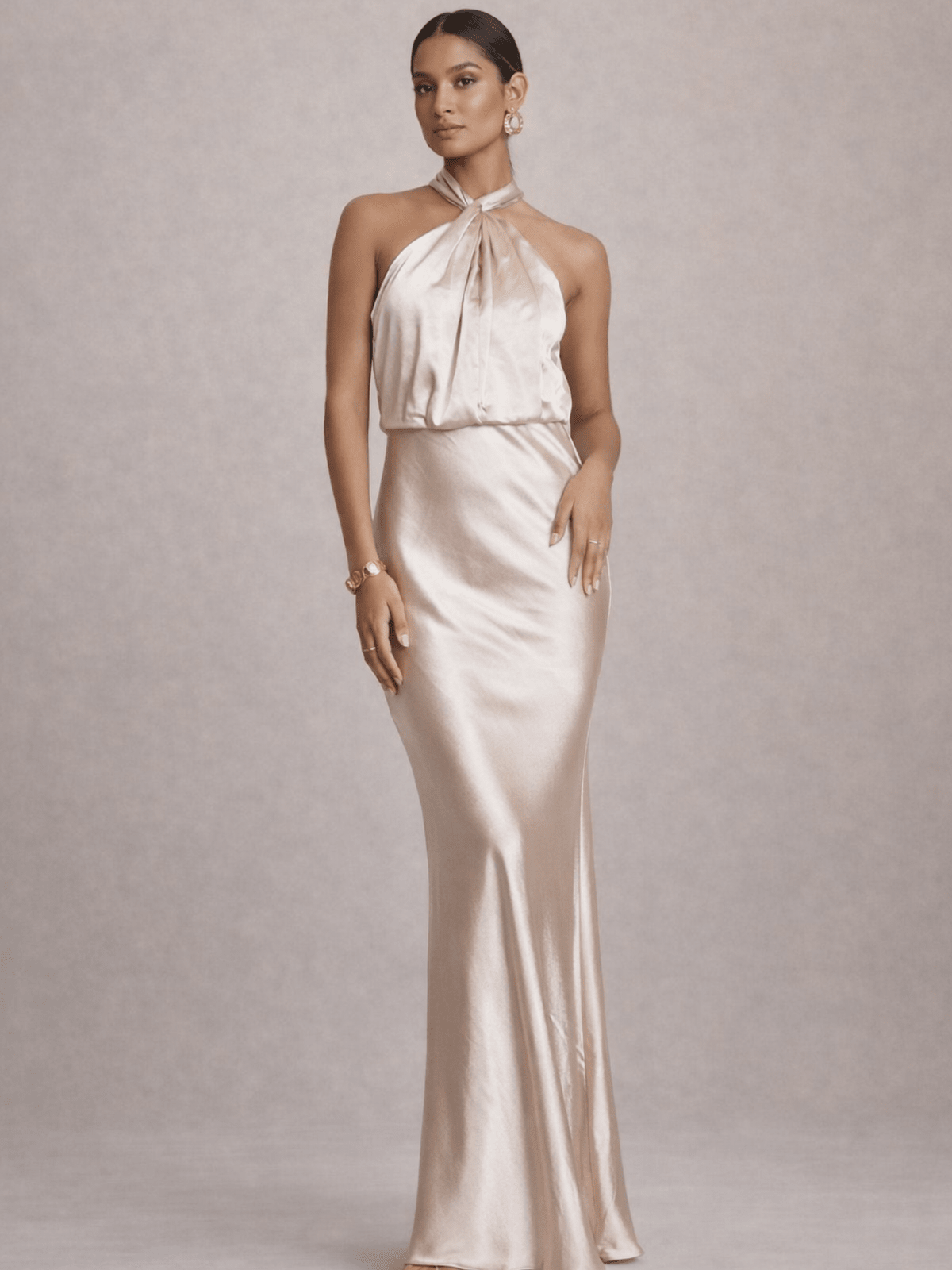 Twist Neck Satin Maxi Dress / Champagne