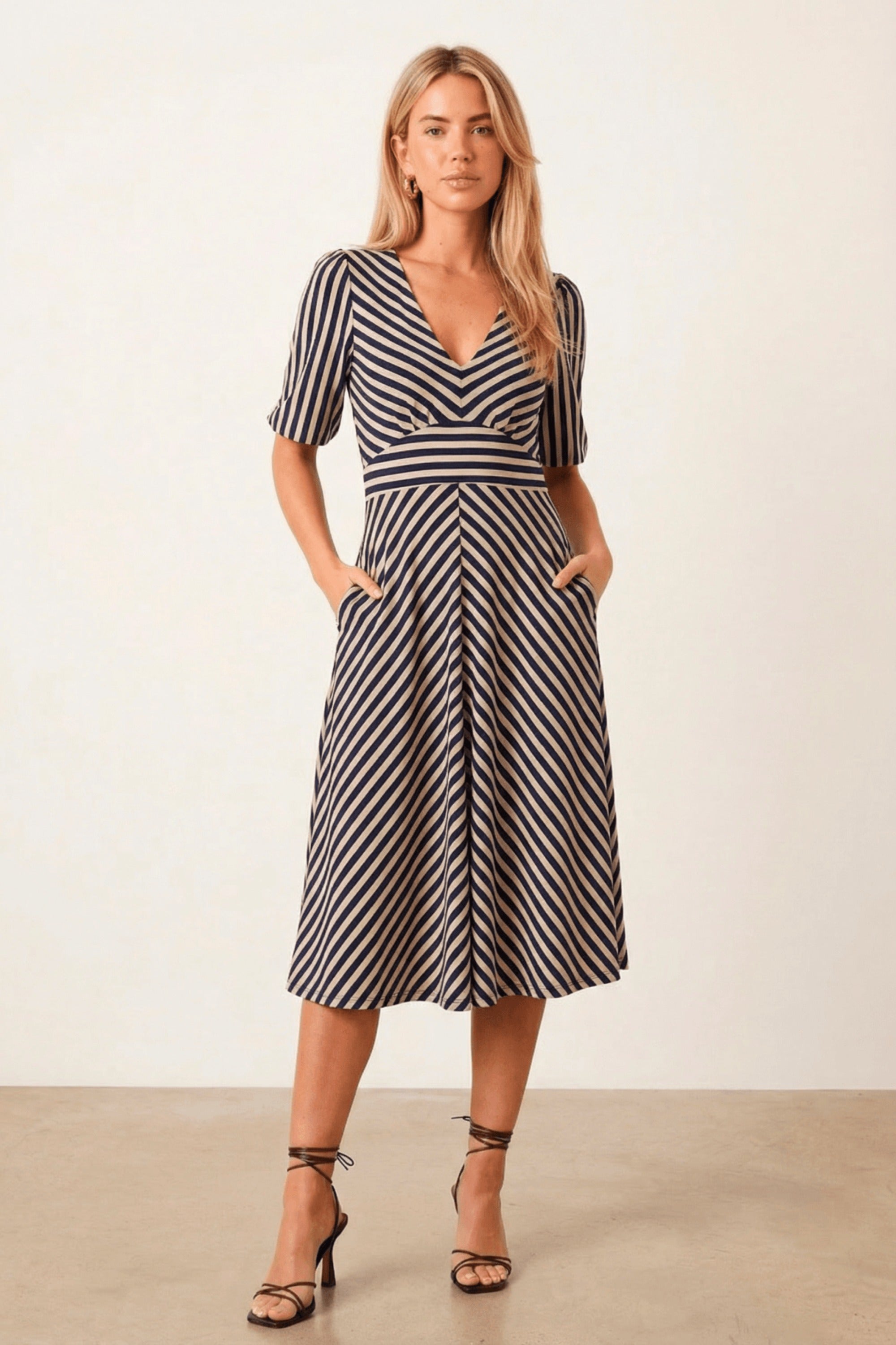 Navy Stripe v neck Midi Dress
