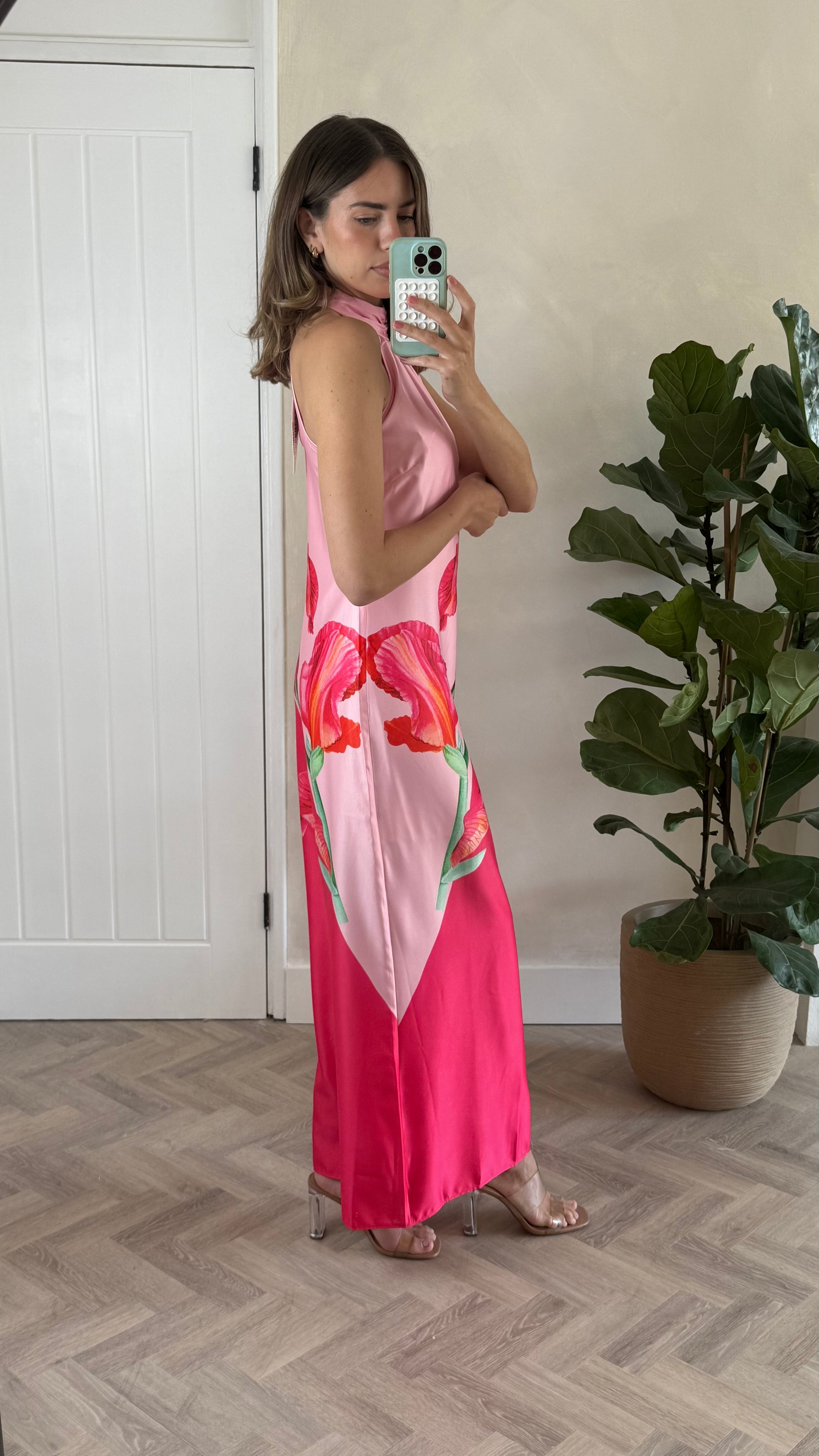 Sienna Satin Halter Placement Print Dress in Pink