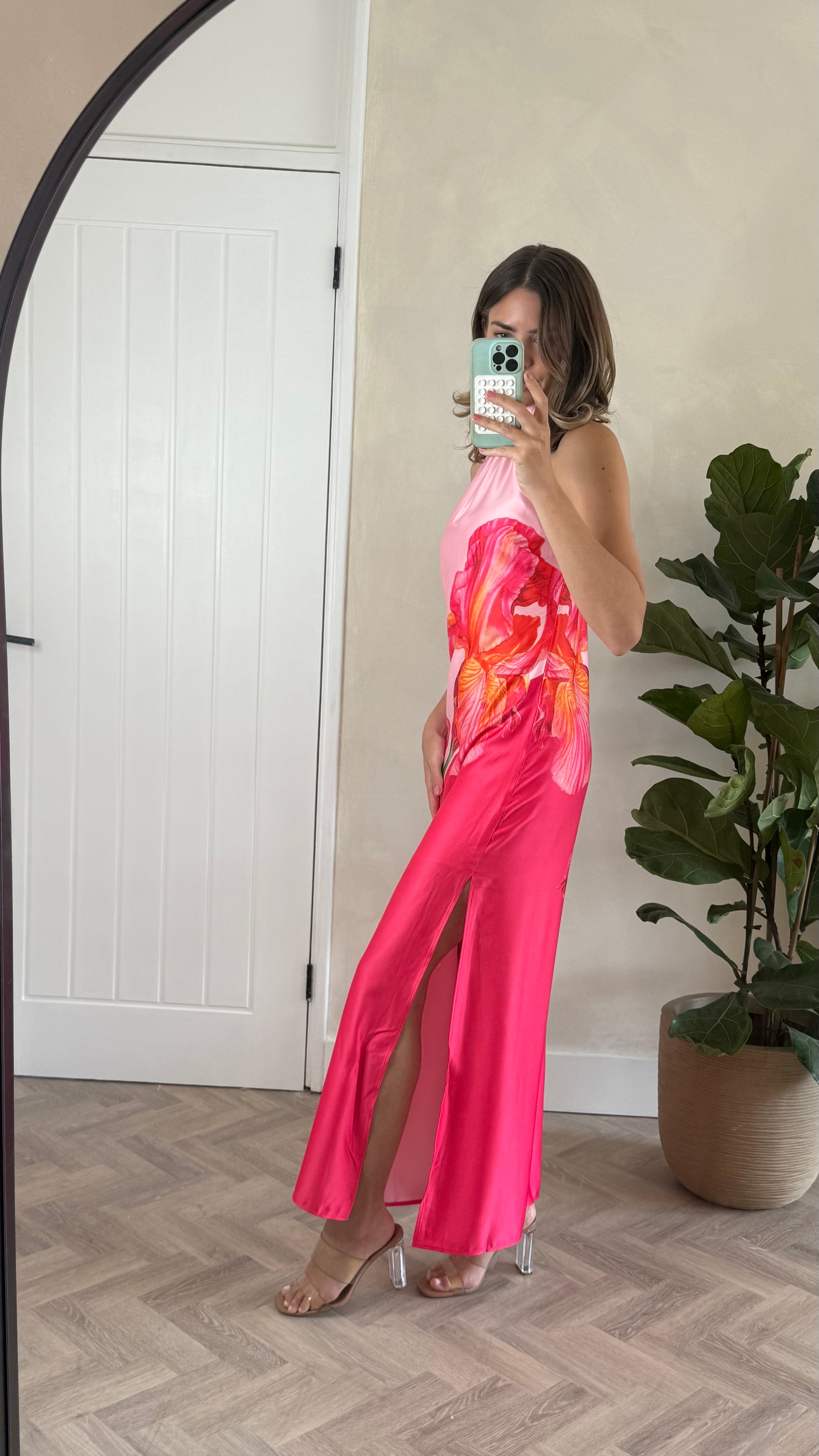 Sienna Satin Halter Placement Print Dress in Pink